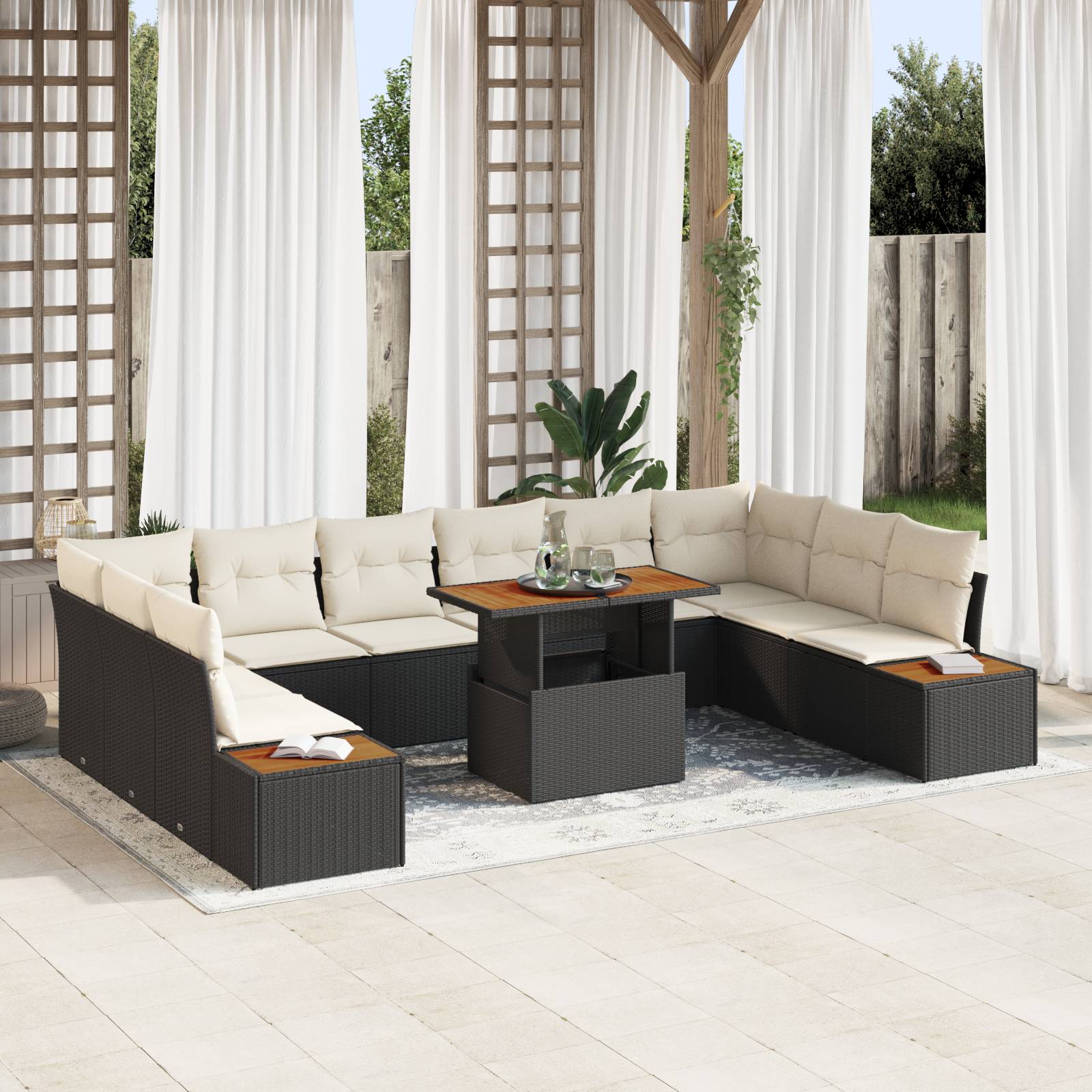 vidaXL 11-tlg. Garten-Essgruppe mit Kissen Schwarz Poly Rattan Akazie
