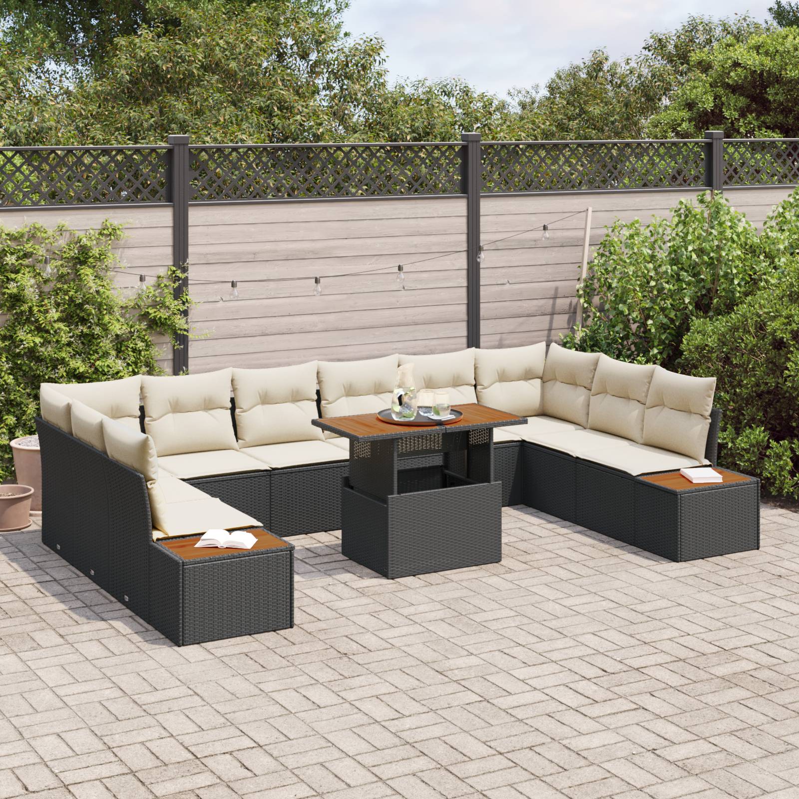 vidaXL 11-tlg. Garten-Essgruppe mit Kissen Schwarz Poly Rattan Akazie
