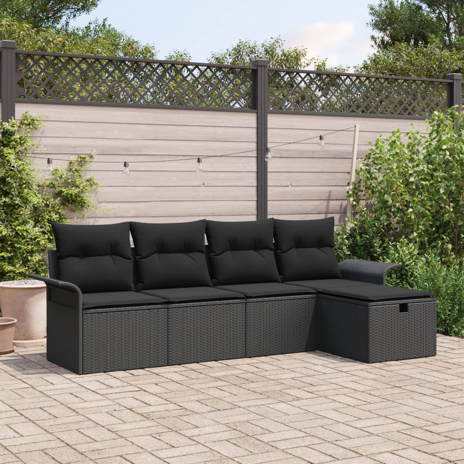 vidaXL 5-tlg. Garten-Sofagarnitur mit Kissen Schwarz Poly Rattan