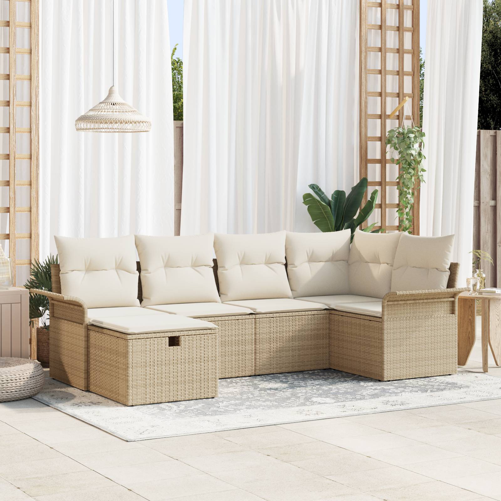 vidaXL 6-tlg. Garten-Sofagarnitur mit Kissen Beige Poly Rattan