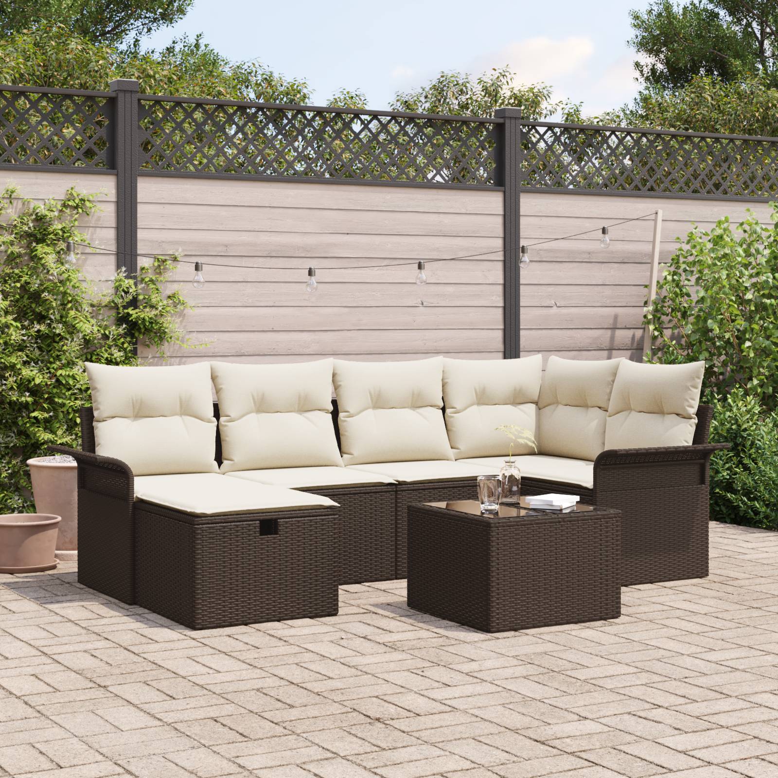 vidaXL 7-tlg. Garten Sofa Set mit Kissen Braun Poly Rattan