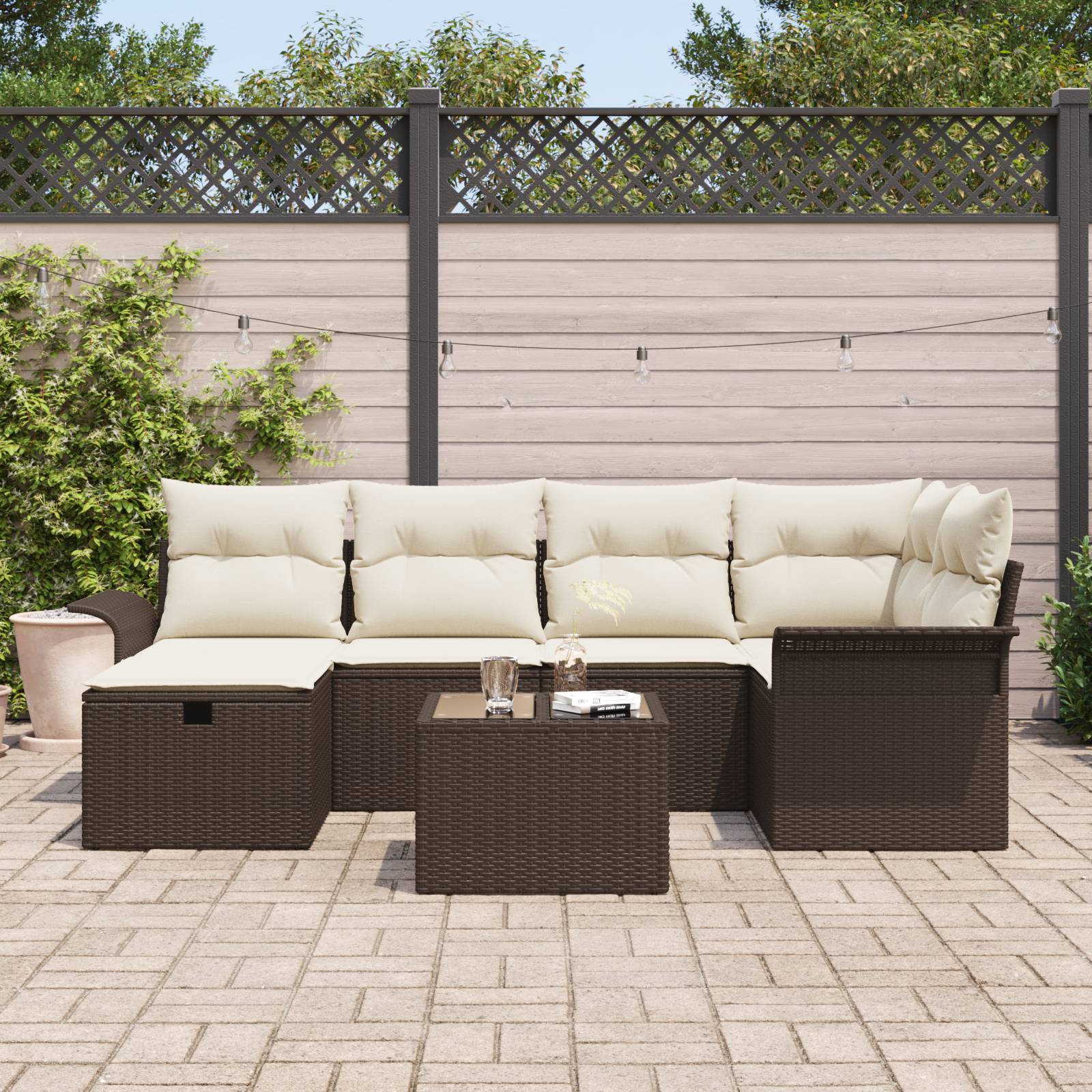 vidaXL 7-tlg. Garten Sofa Set mit Kissen Braun Poly Rattan