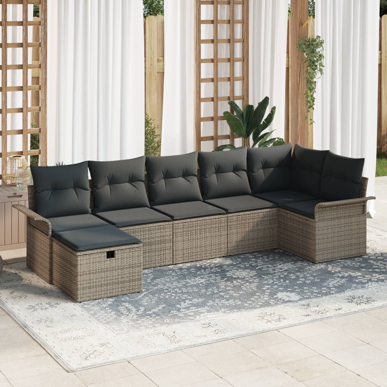vidaXL 7-teiliges Garten Sofa Set mit Kissen Grau Poly Rattan