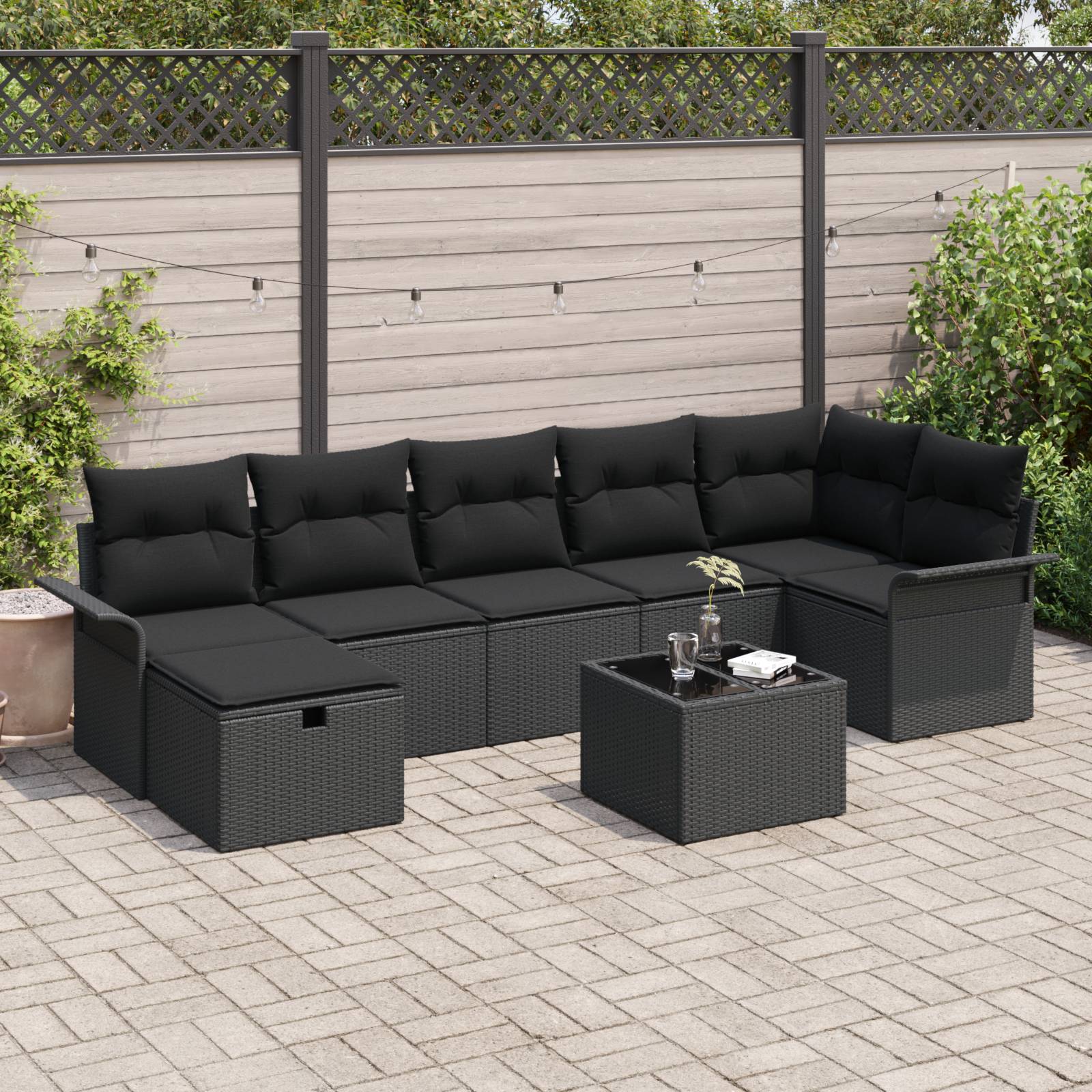 vidaXL 8-teiliges Garten-Sofa-Set mit Kissen Schwarzes Poly-Rattan
