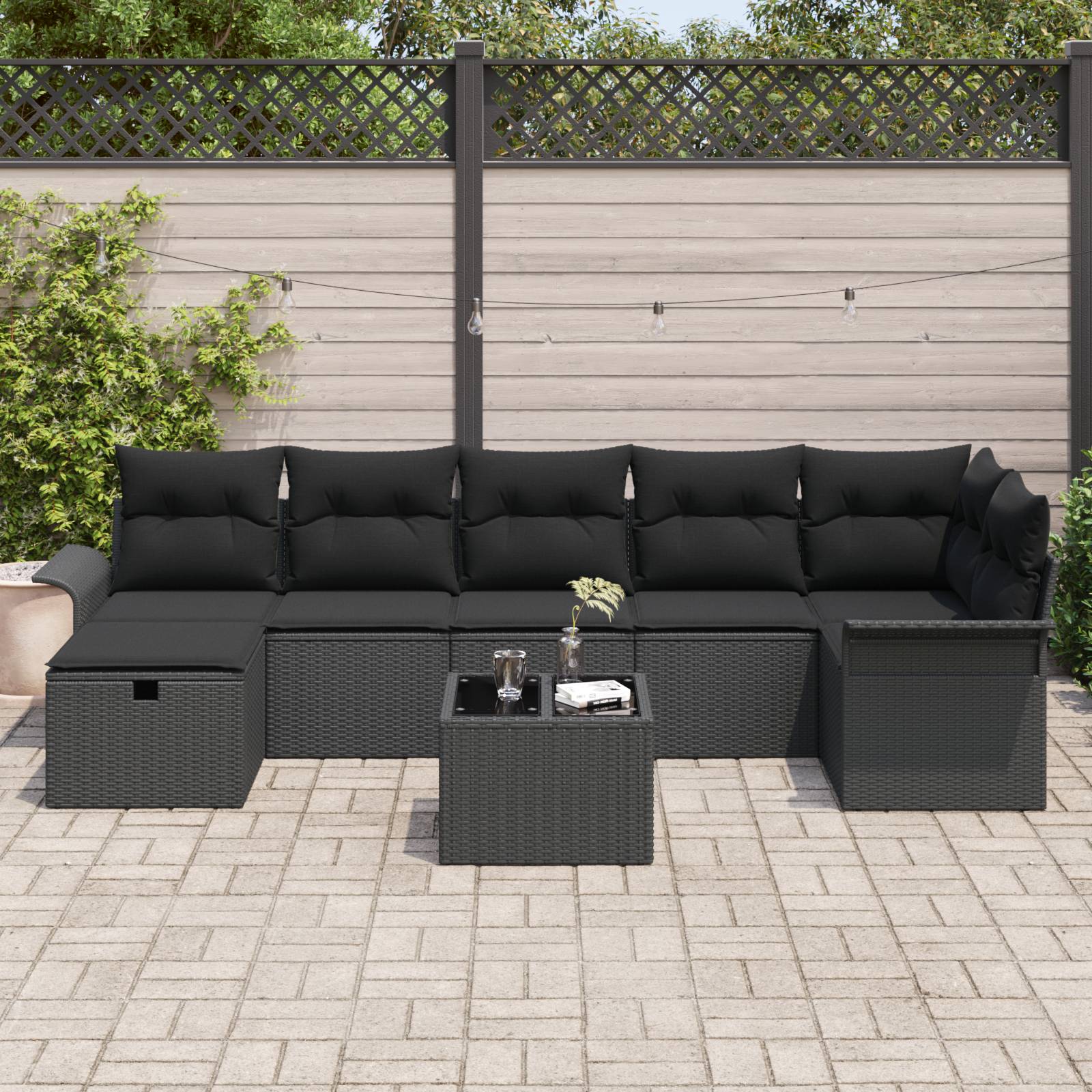 vidaXL 8-teiliges Garten-Sofa-Set mit Kissen Schwarzes Poly-Rattan