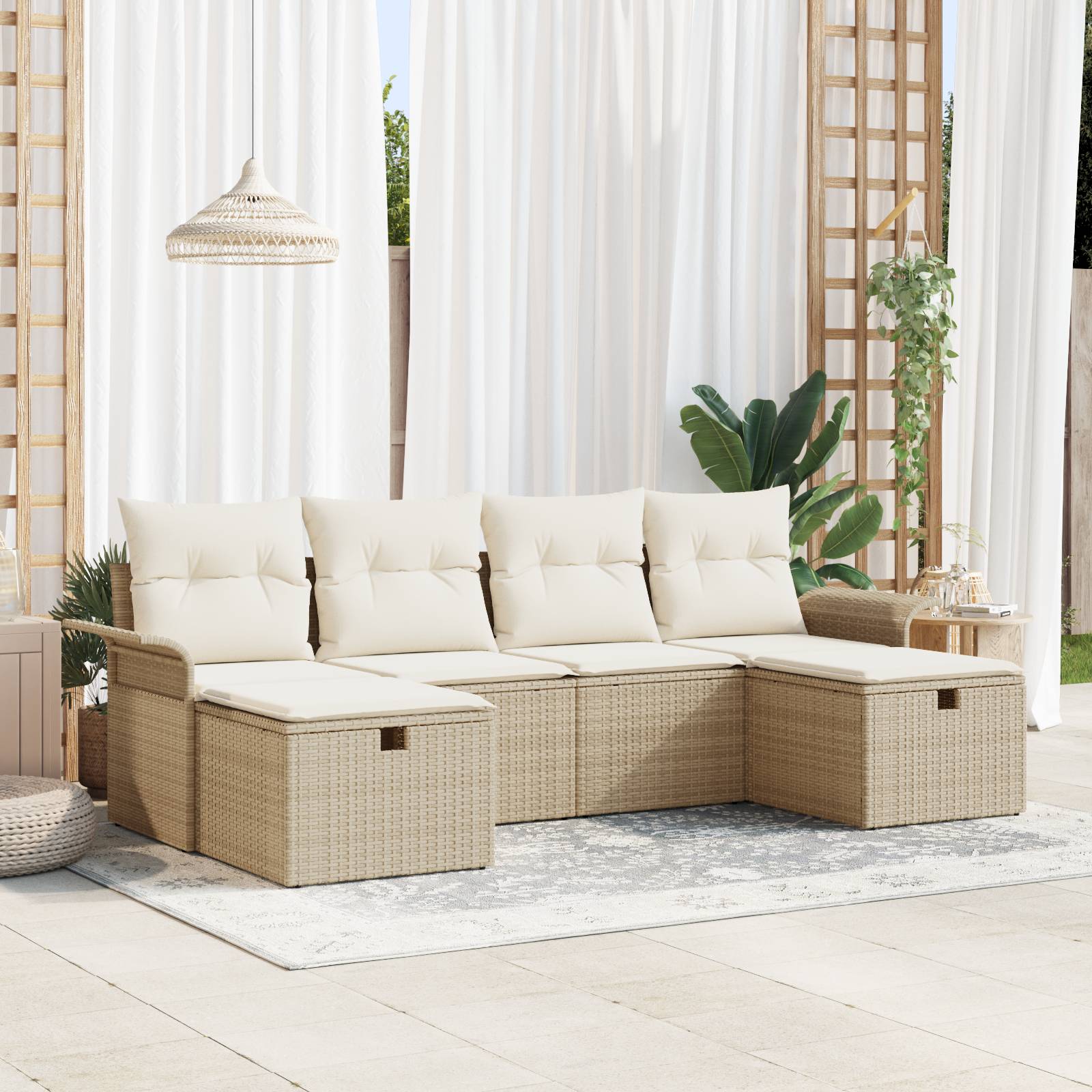 vidaXL 6-tlg. Garten-Sofagarnitur mit Kissen Beige Poly Rattan