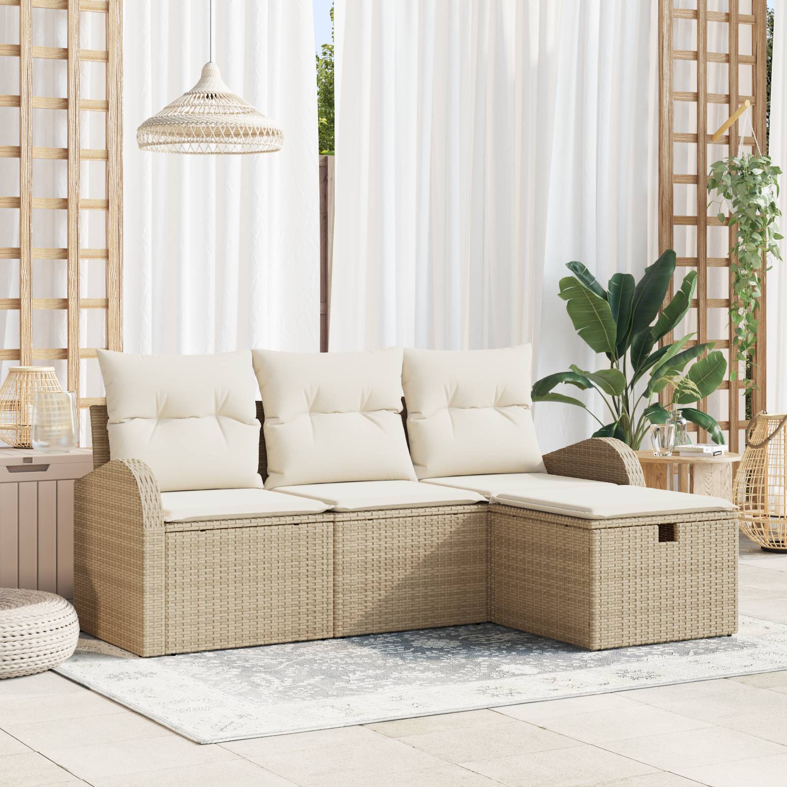 vidaXL 4-tlg. Garten-Sofagarnitur mit Kissen Beige Poly Rattan