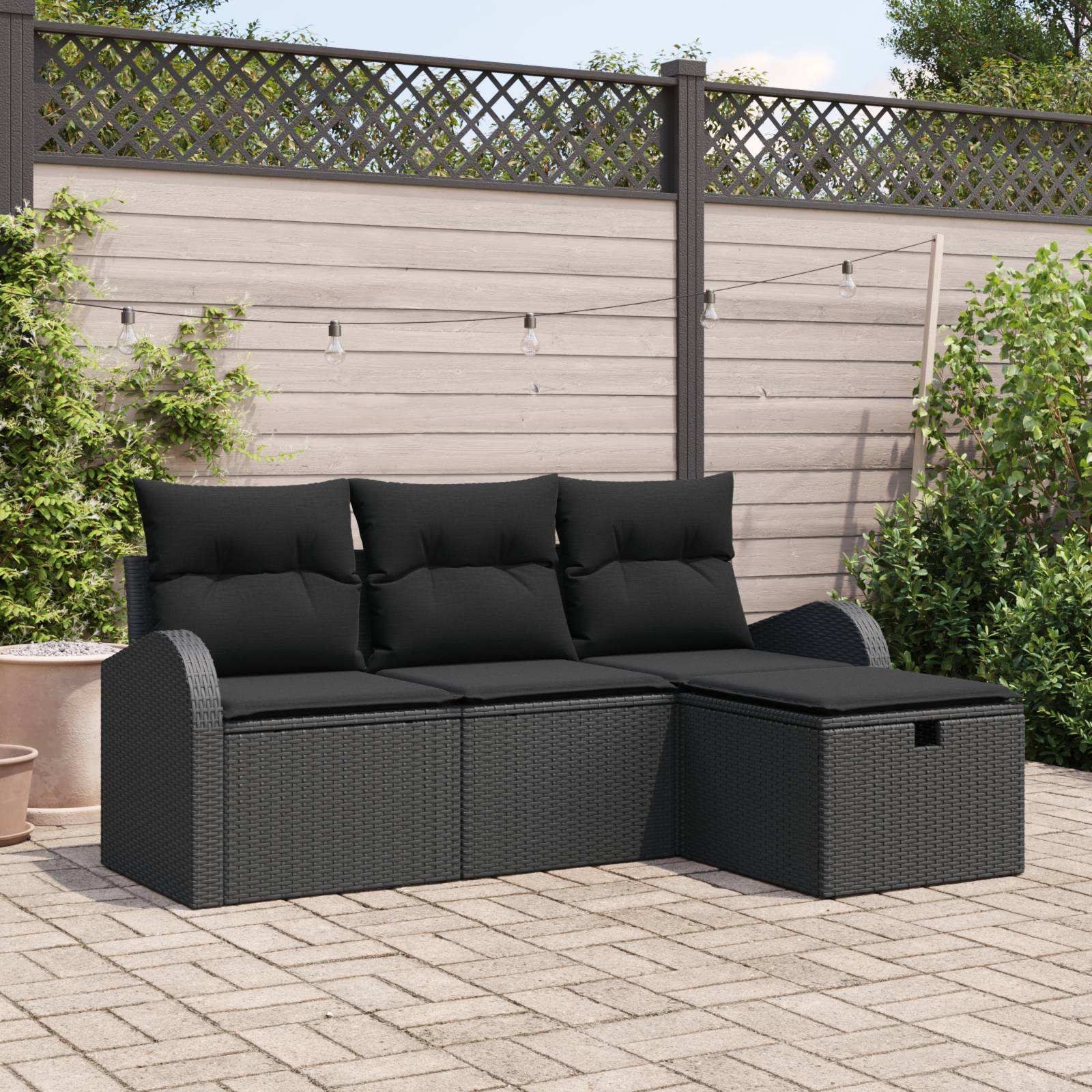 vidaXL 4-tlg. Garten-Sofagarnitur mit Kissen Schwarz Poly Rattan