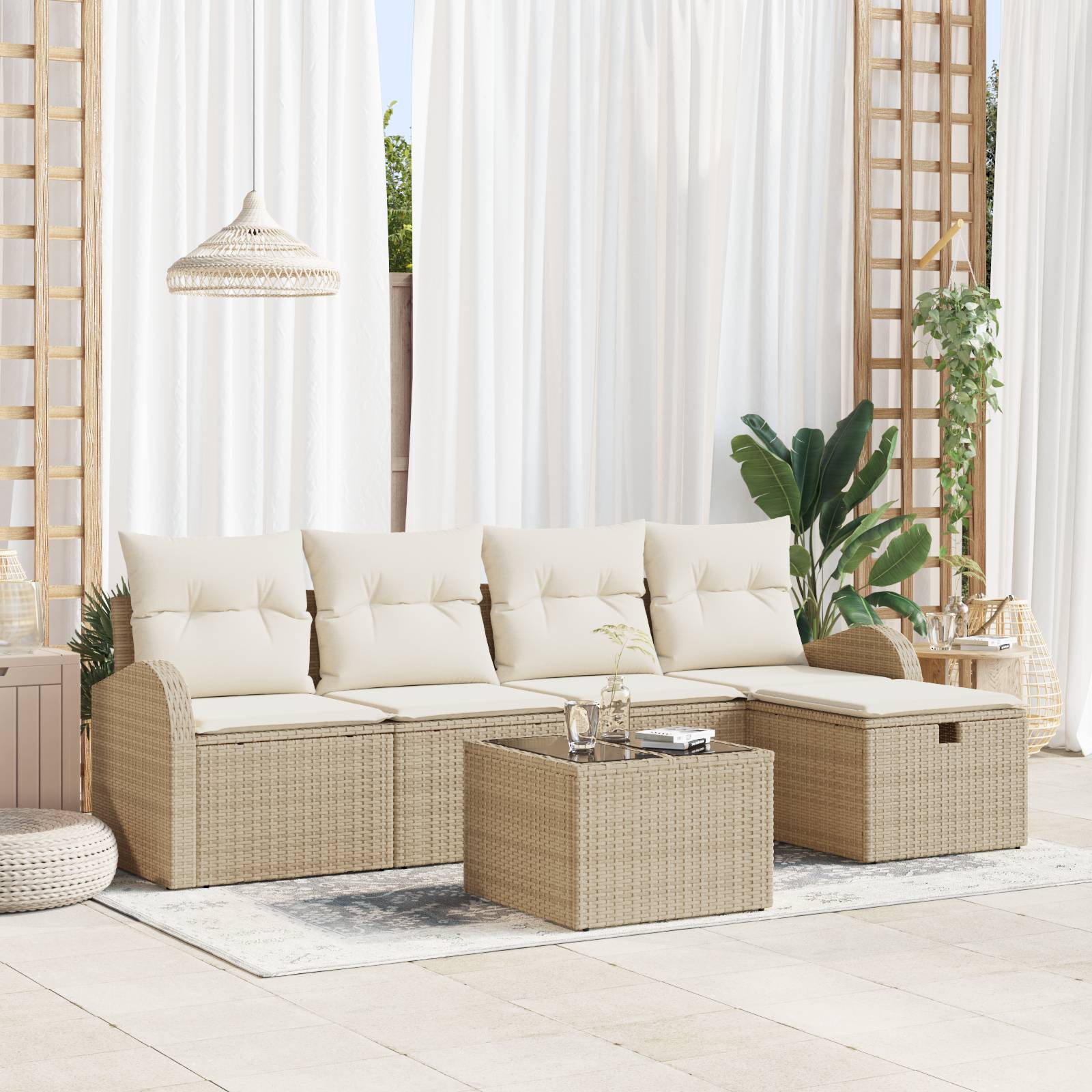 vidaXL 6-teiliges Garten-Sofa-Set mit Kissen in Beige aus Poly Rattan