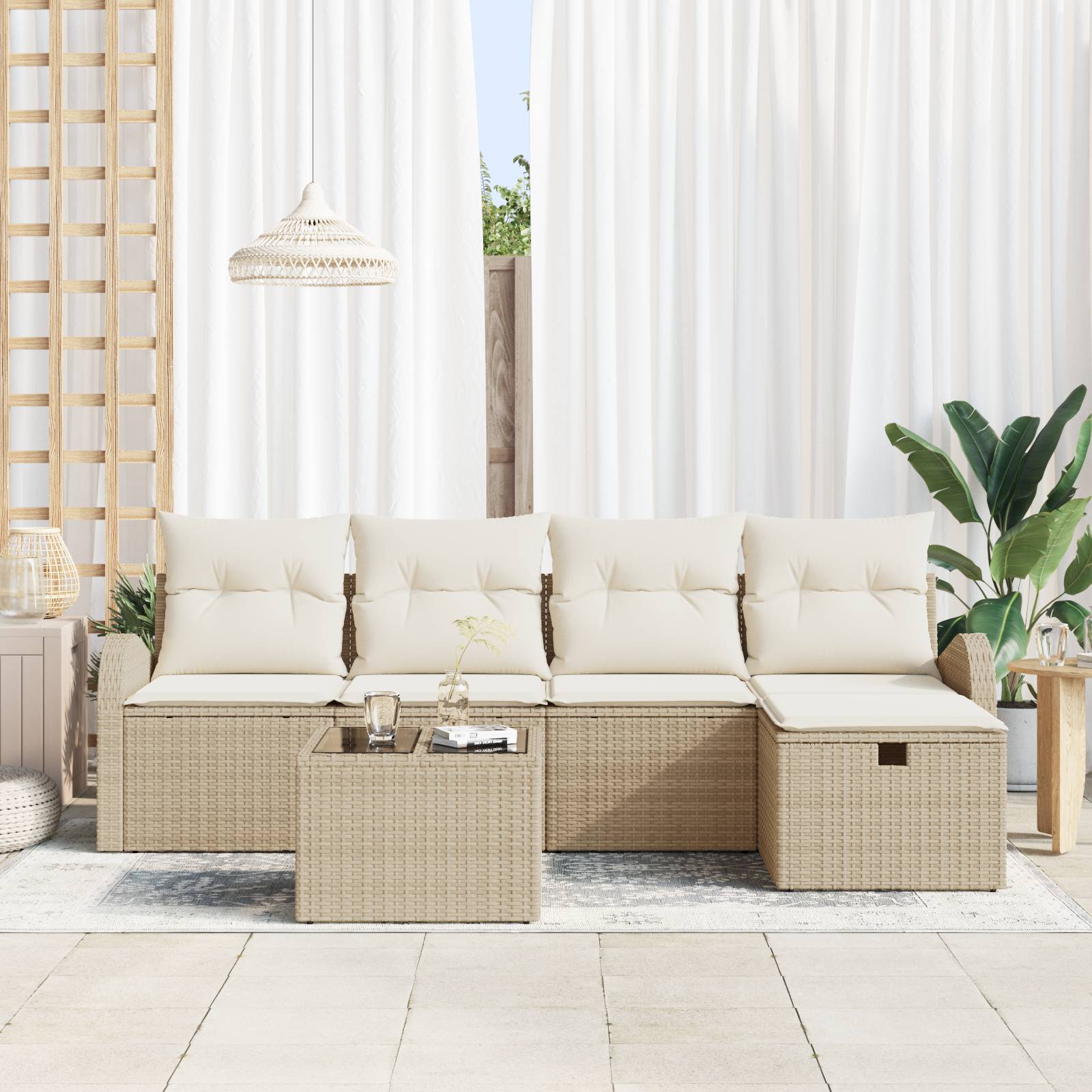 vidaXL 6-teiliges Garten-Sofa-Set mit Kissen in Beige aus Poly Rattan