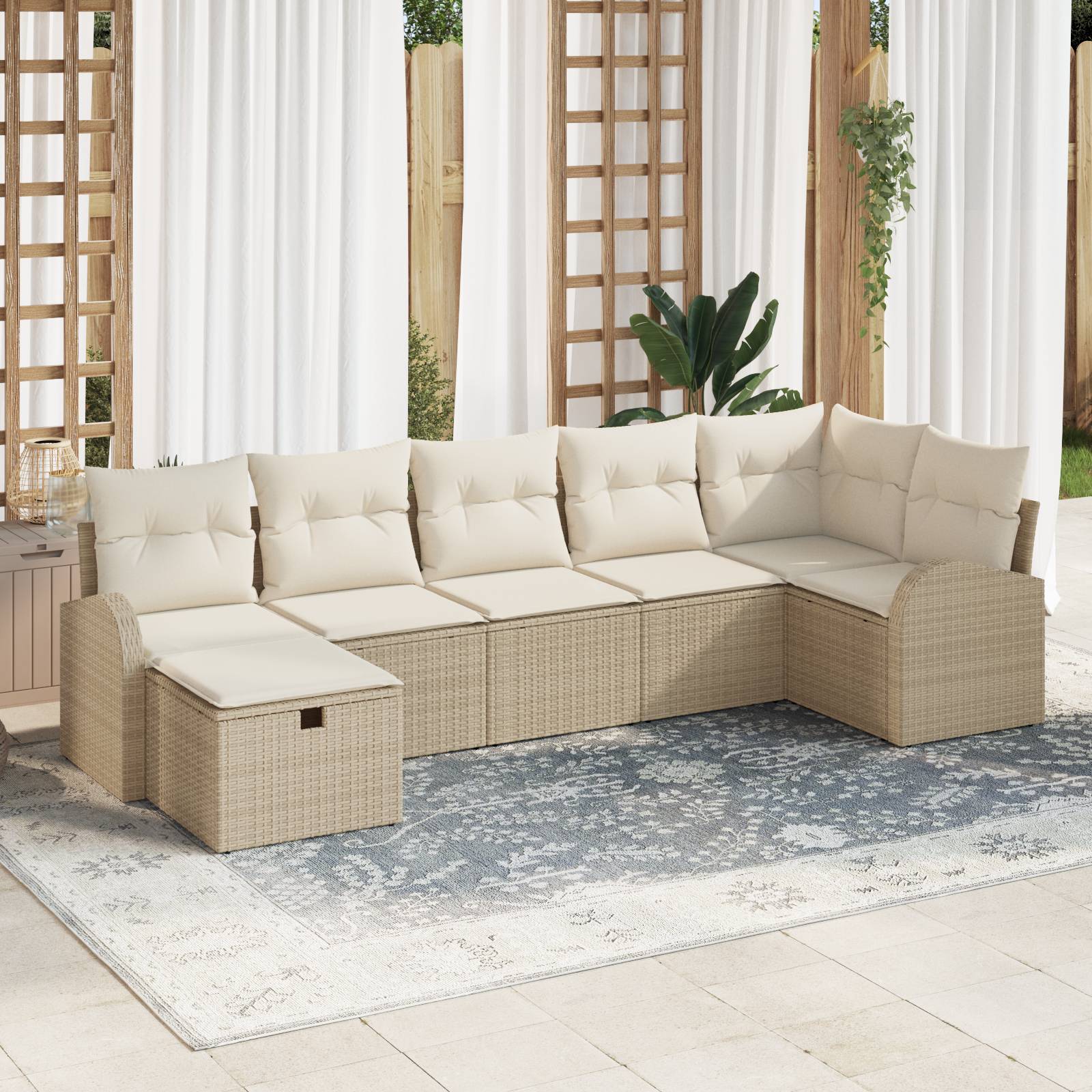 vidaXL 7-tlg. Garten-Sofagarnitur mit Kissen Beige Poly Rattan