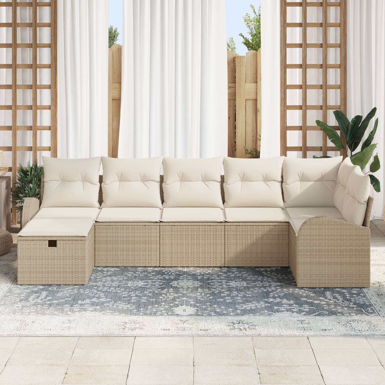 vidaXL 7-tlg. Garten-Sofagarnitur mit Kissen Beige Poly Rattan