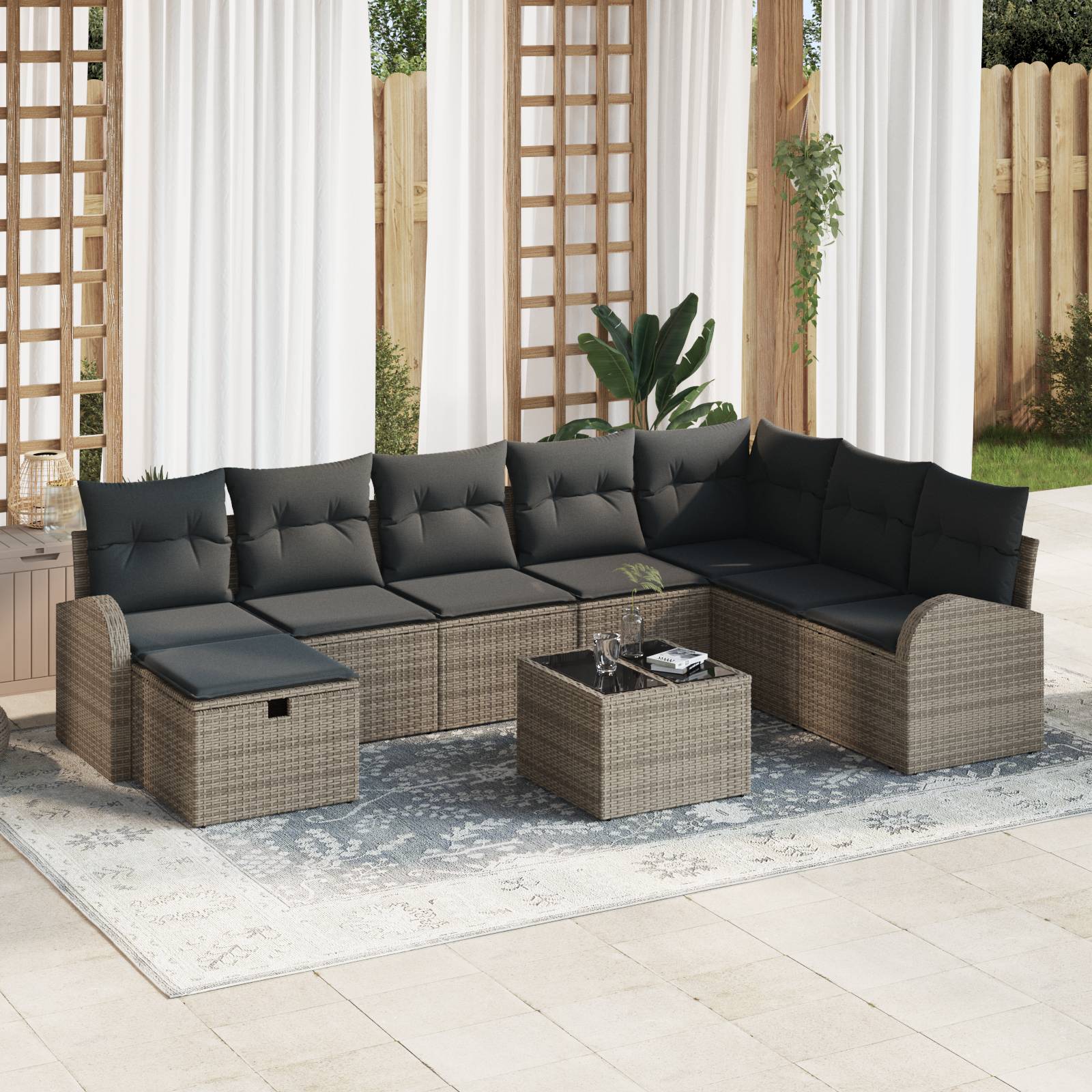 vidaXL 9-tlg. Garten-Sofagarnitur mit Kissen Grau Poly Rattan
