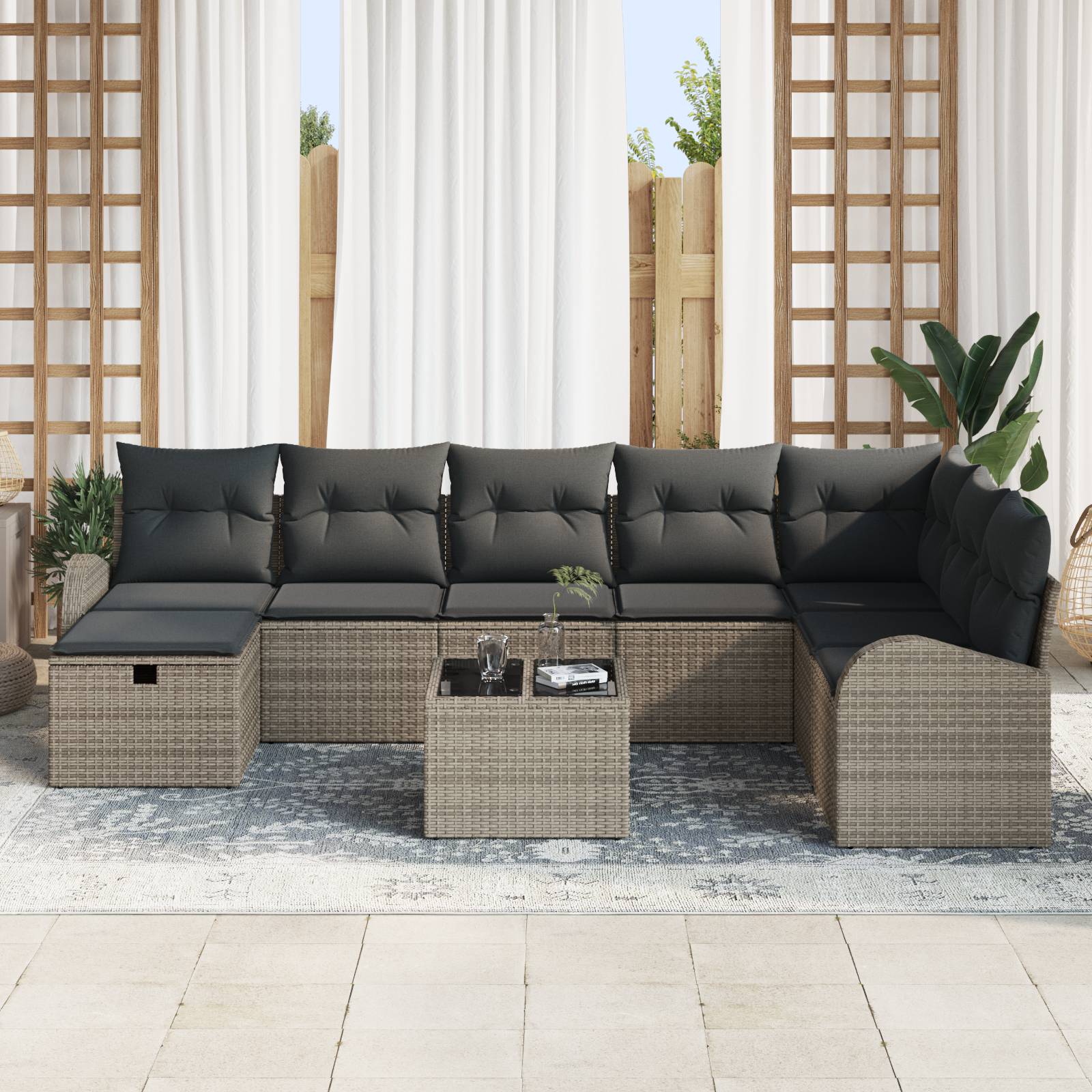 vidaXL 9-tlg. Garten-Sofagarnitur mit Kissen Grau Poly Rattan
