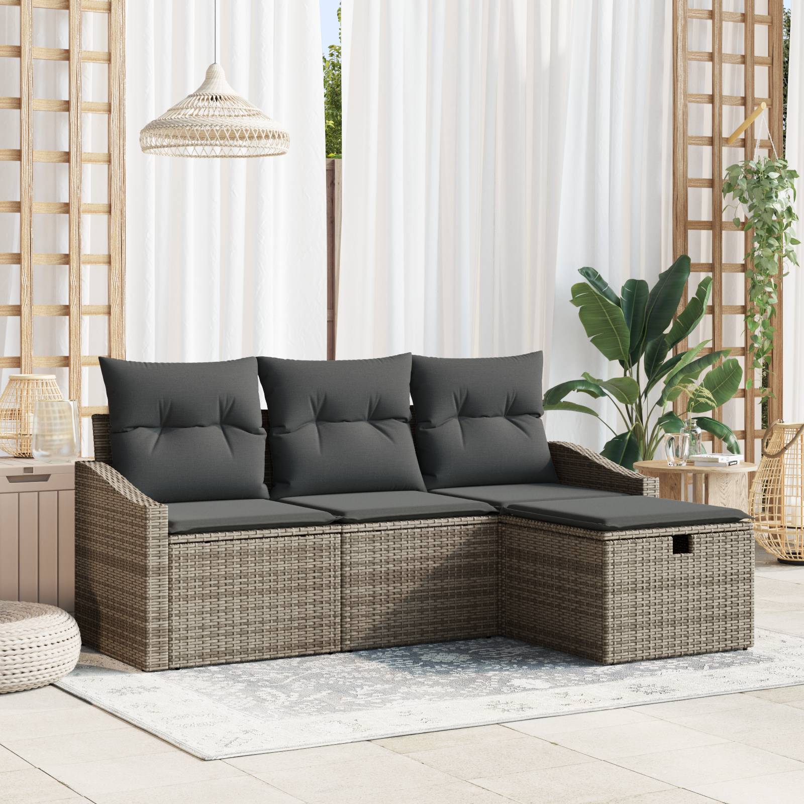 vidaXL 4-tlg. Garten-Sofagarnitur mit Kissen Grau Poly Rattan