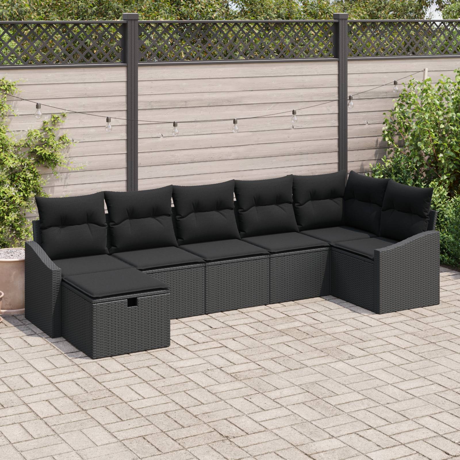 vidaXL 7-tlg. Garten-Sofagarnitur mit Kissen Schwarz Poly Rattan