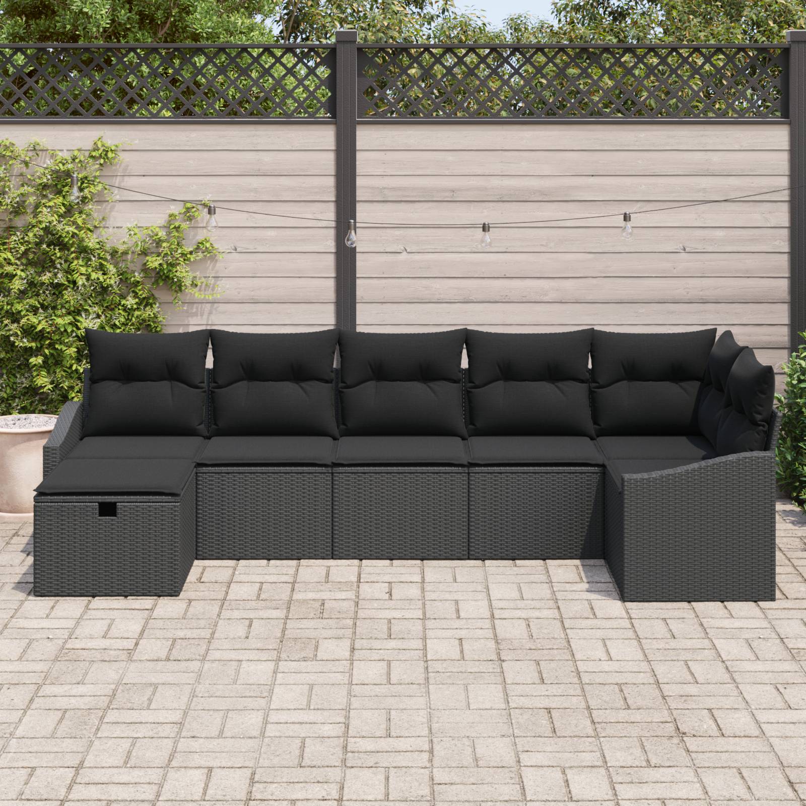 vidaXL 7-tlg. Garten-Sofagarnitur mit Kissen Schwarz Poly Rattan