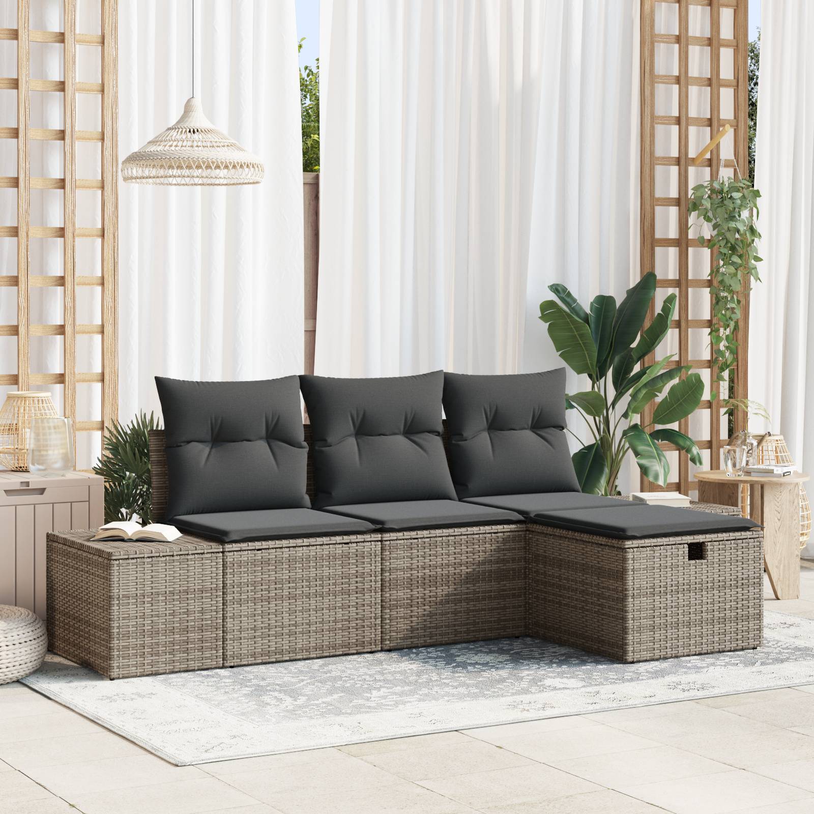 vidaXL 4-tlg. Garten-Sofagarnitur mit Kissen Grau Poly Rattan