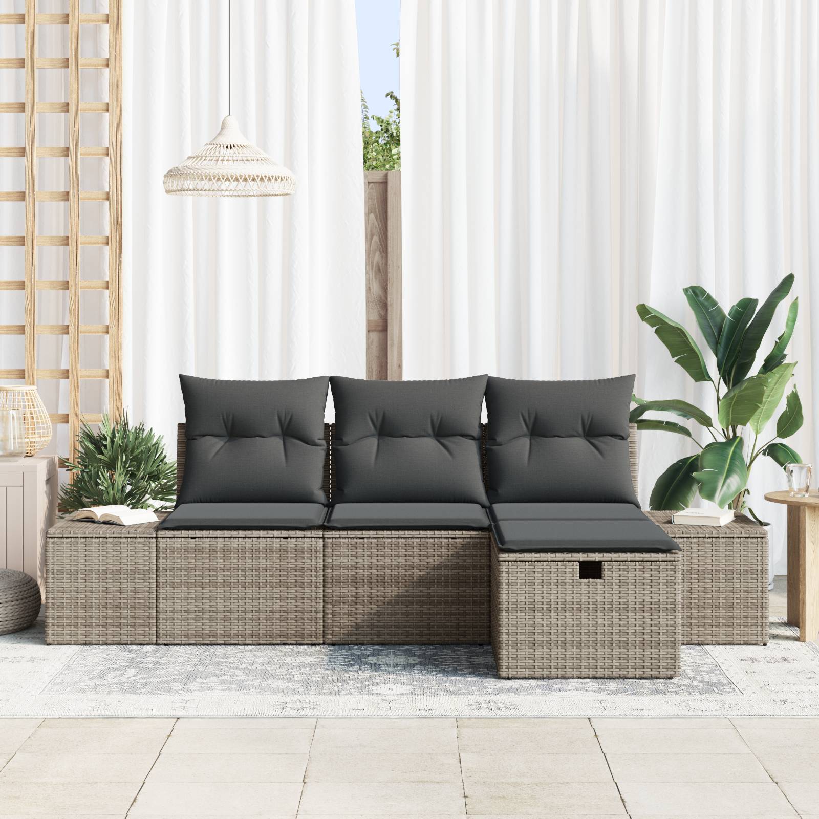 vidaXL 4-tlg. Garten-Sofagarnitur mit Kissen Grau Poly Rattan