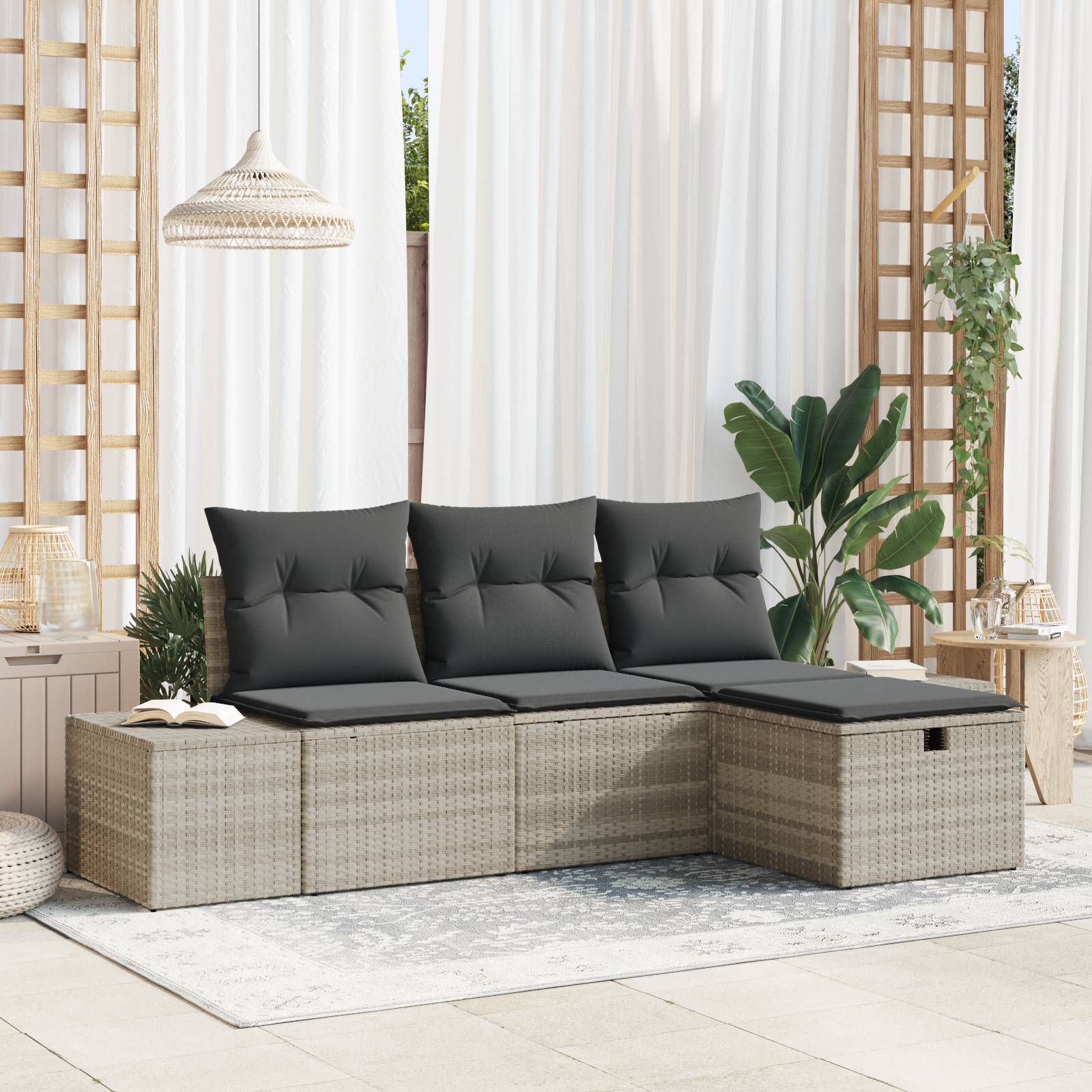 vidaXL 4-tlg. Garten-Sofagarnitur mit Kissen Hellgrau Poly Rattan