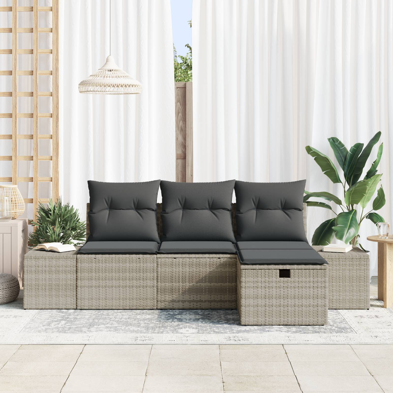 vidaXL 4-tlg. Garten-Sofagarnitur mit Kissen Hellgrau Poly Rattan