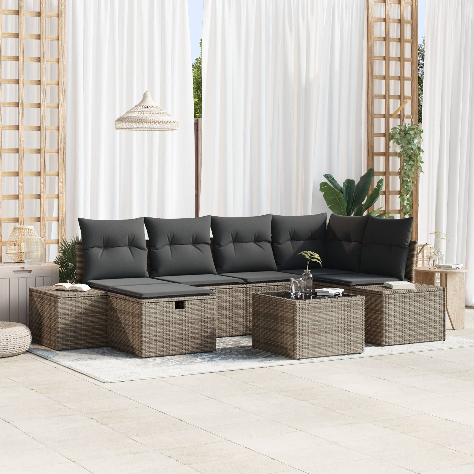 vidaXL 7-teiliges Garten-Sofa-Set mit Kissen Grau Poly Rattan