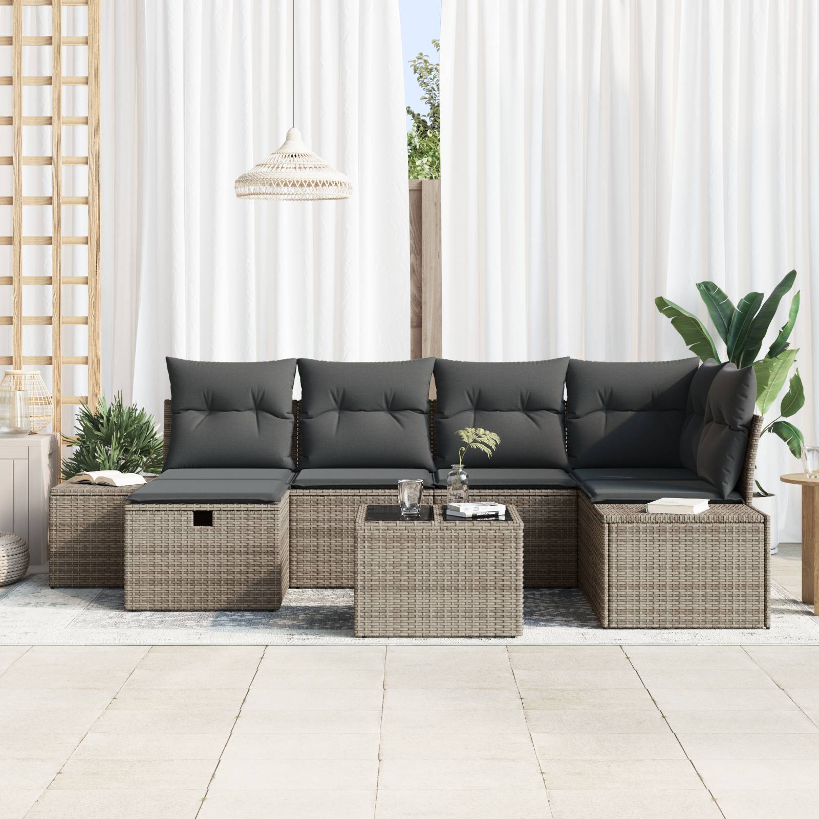 vidaXL 7-teiliges Garten-Sofa-Set mit Kissen Grau Poly Rattan