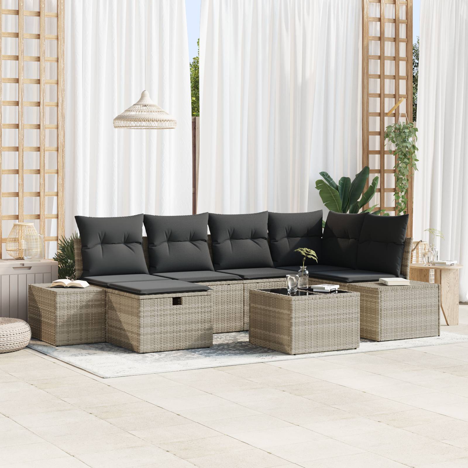 vidaXL 7-tlg. Garten-Sofagarnitur mit Kissen Hellgrau Poly Rattan