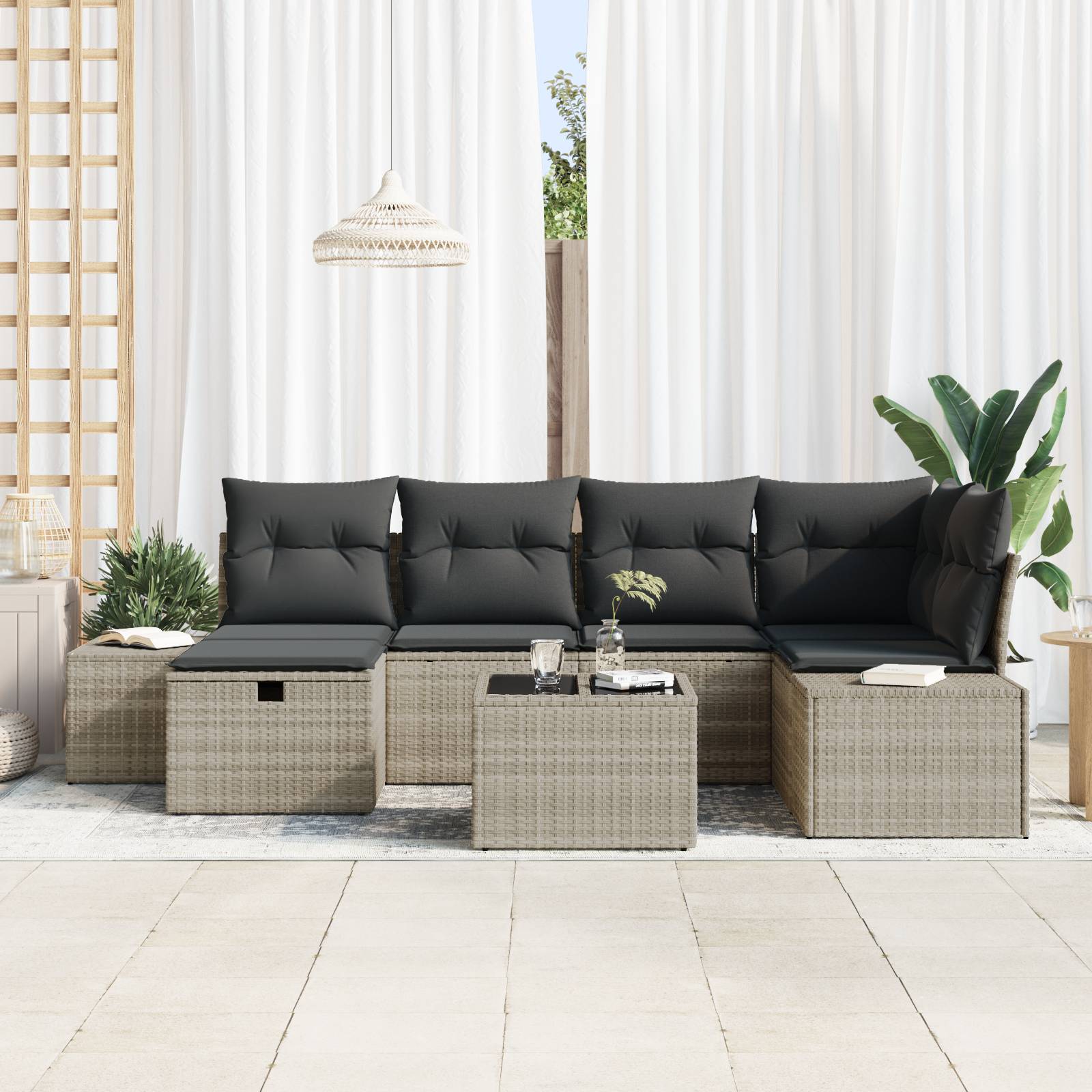 vidaXL 7-tlg. Garten-Sofagarnitur mit Kissen Hellgrau Poly Rattan