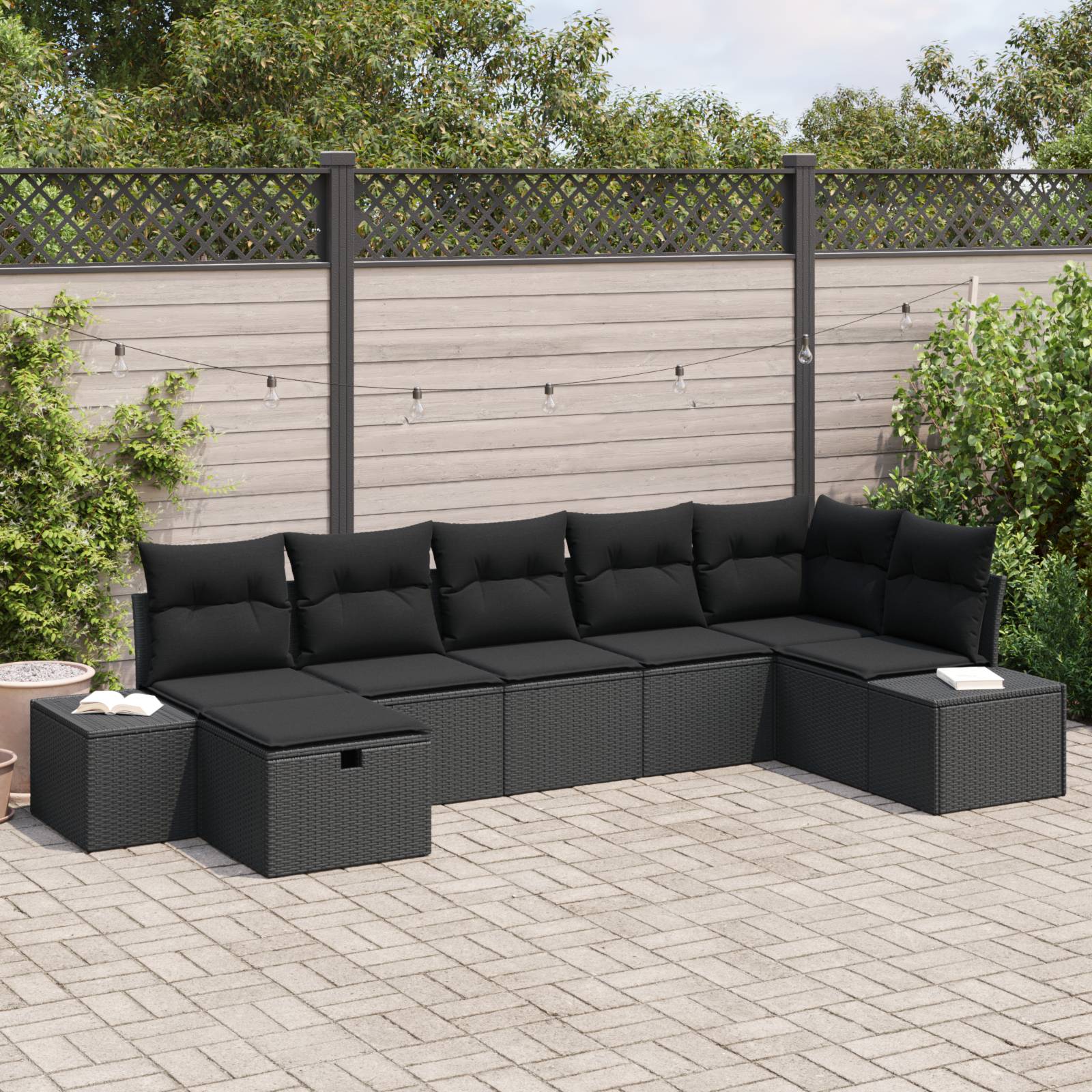 vidaXL 7-tlg. Garten-Sofagarnitur mit Kissen Schwarz Poly Rattan