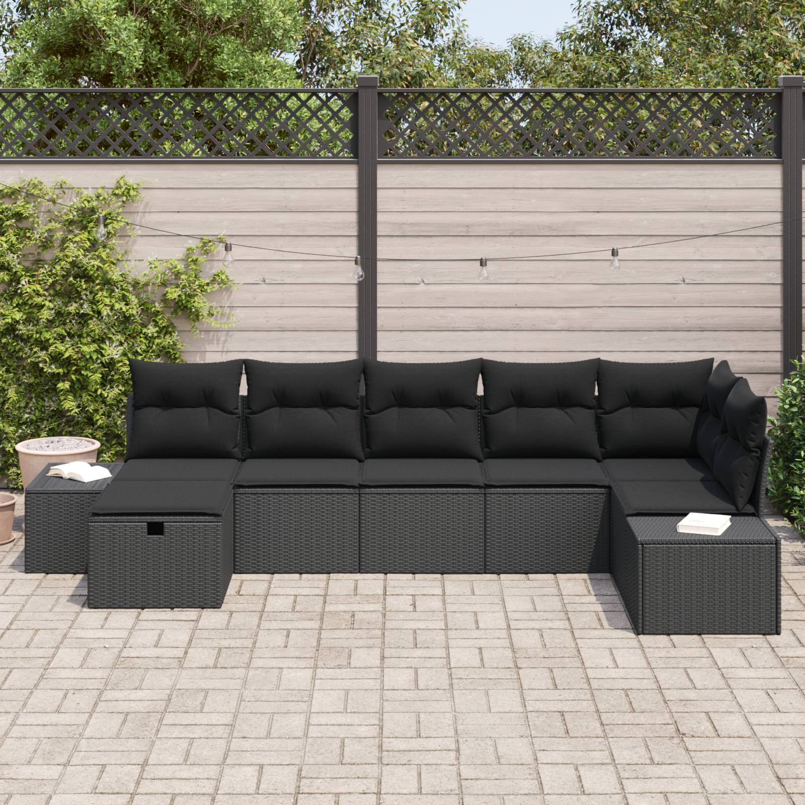 vidaXL 7-tlg. Garten-Sofagarnitur mit Kissen Schwarz Poly Rattan