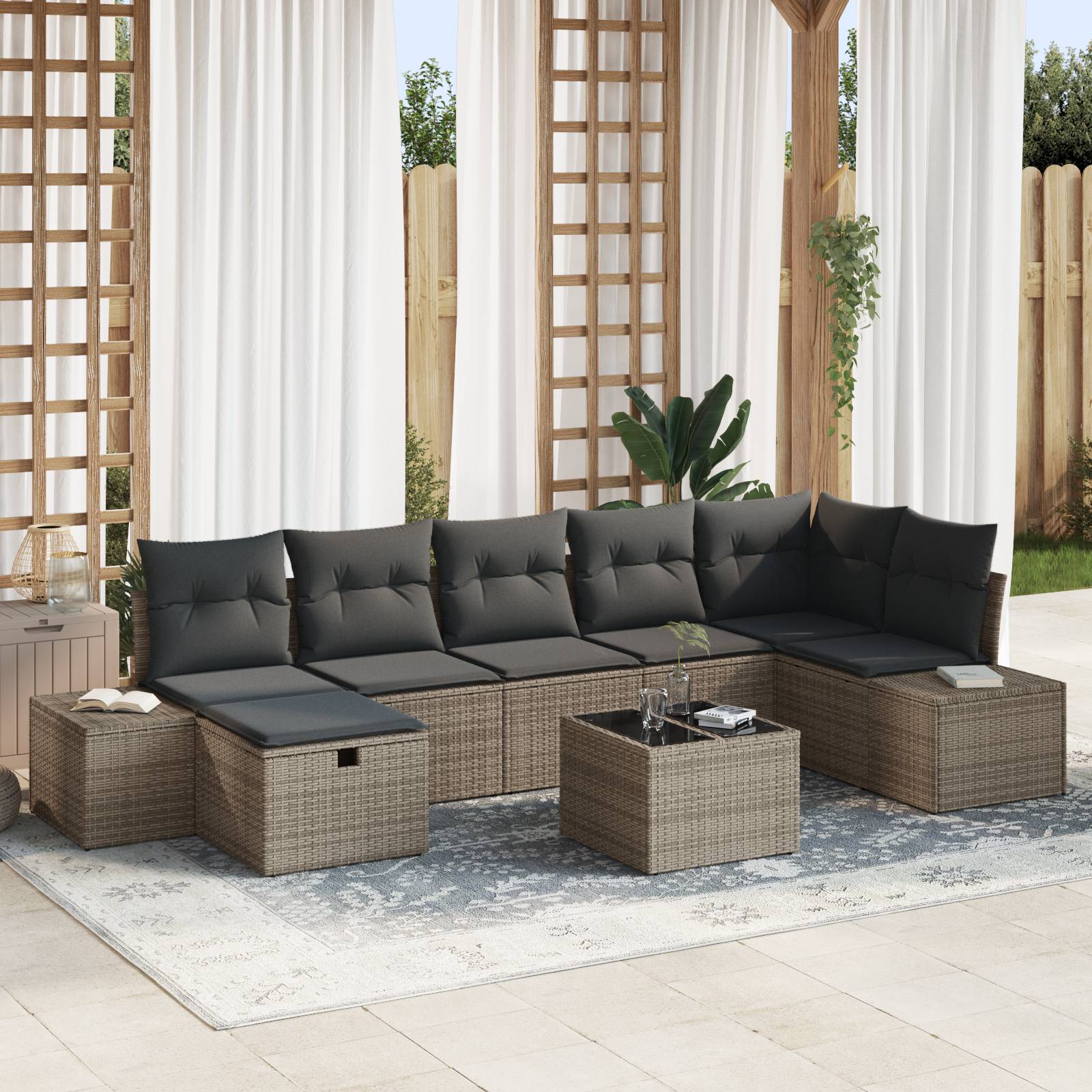 vidaXL 8-tlg. Garten-Sofagarnitur mit Kissen Grau Poly Rattan