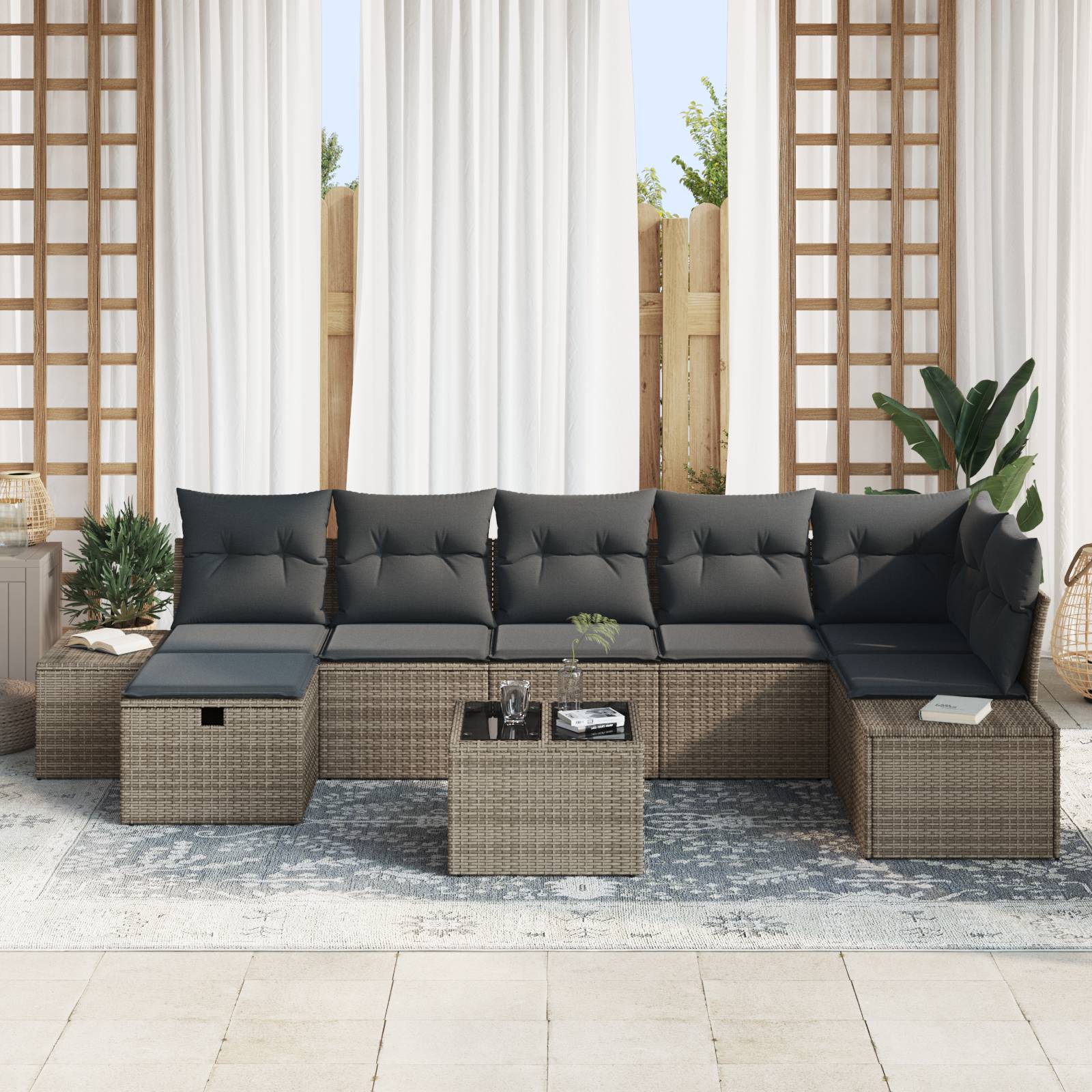 vidaXL 8-tlg. Garten-Sofagarnitur mit Kissen Grau Poly Rattan
