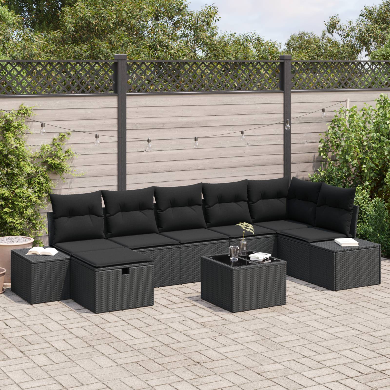 vidaXL 8-teiliges Garten-Sofa-Set mit Kissen Schwarzes Poly-Rattan