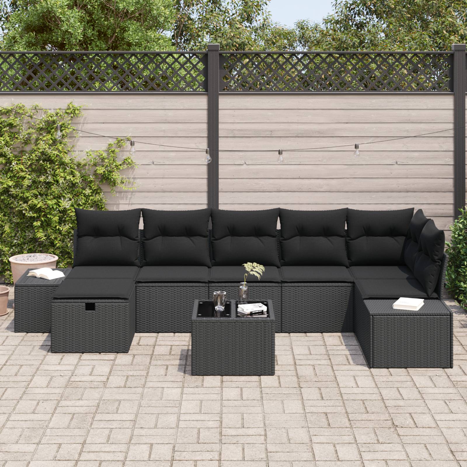vidaXL 8-teiliges Garten-Sofa-Set mit Kissen Schwarzes Poly-Rattan