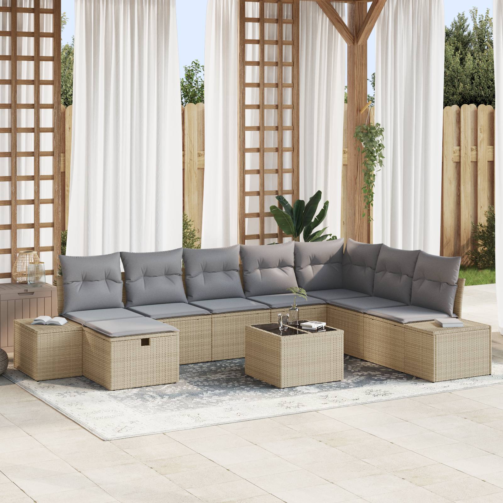 vidaXL 9-tlg. Garten-Sofagarnitur mit Kissen Beige Poly Rattan