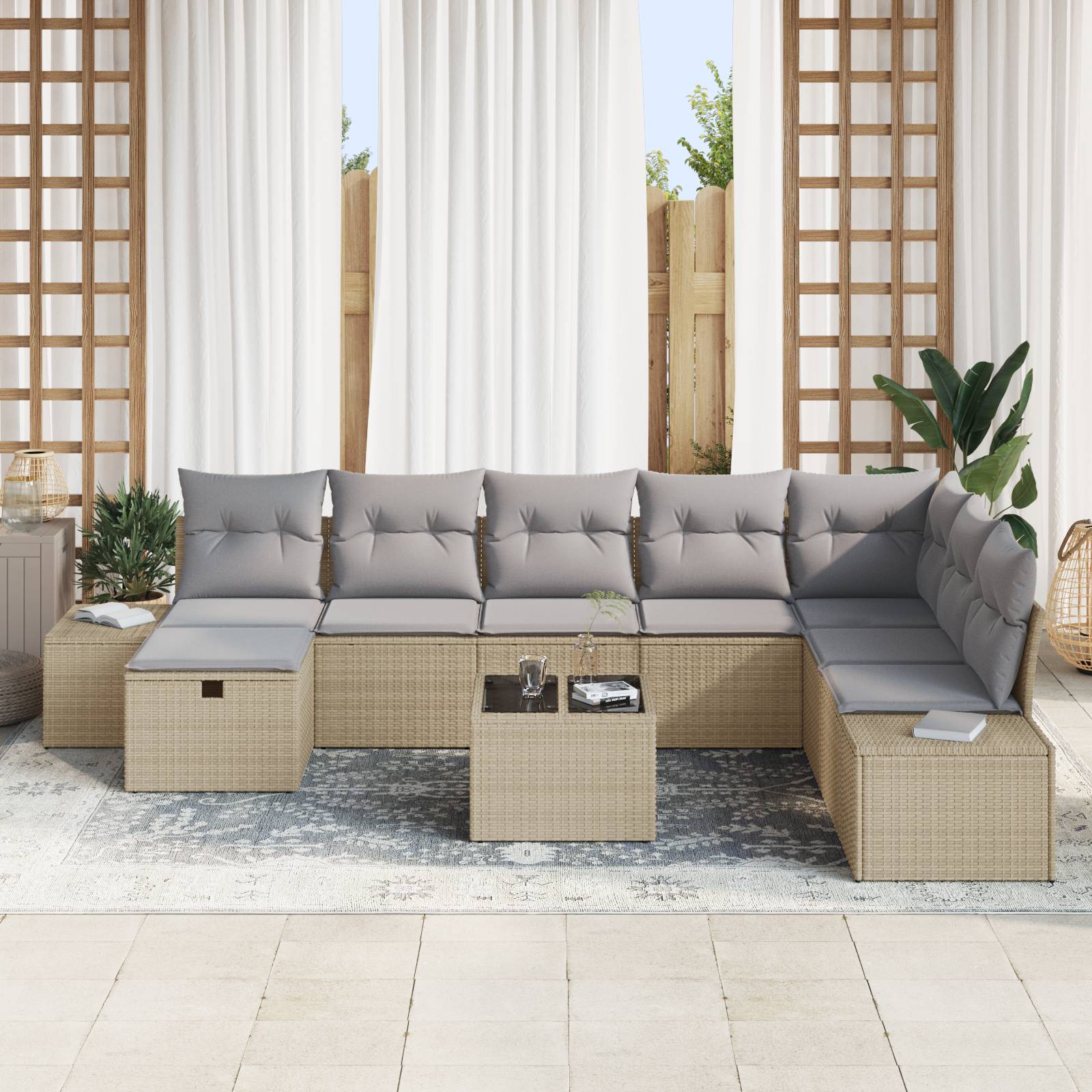 vidaXL 9-tlg. Garten-Sofagarnitur mit Kissen Beige Poly Rattan