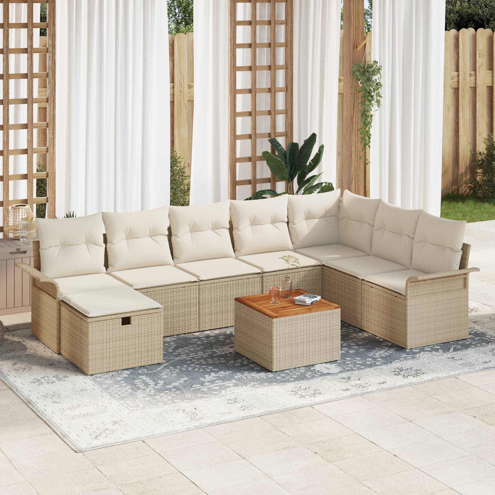 vidaXL 9-Teiliges Garten-Sofa-Set mit Kissen Beige Poly-Rattan