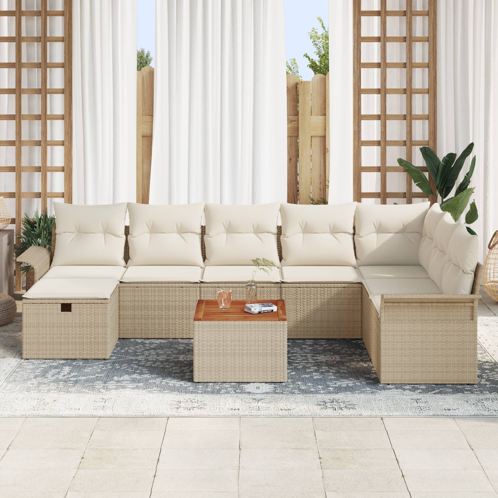 vidaXL 9-Teiliges Garten-Sofa-Set mit Kissen Beige Poly-Rattan