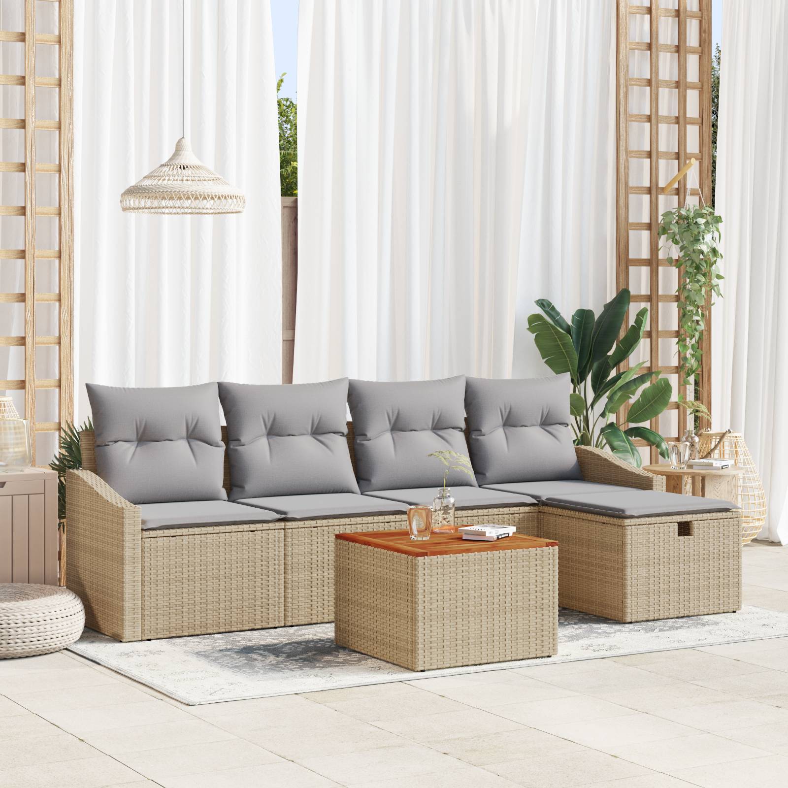 vidaXL 6-tlg. Garten-Sofagarnitur mit Kissen Beige Poly Rattan