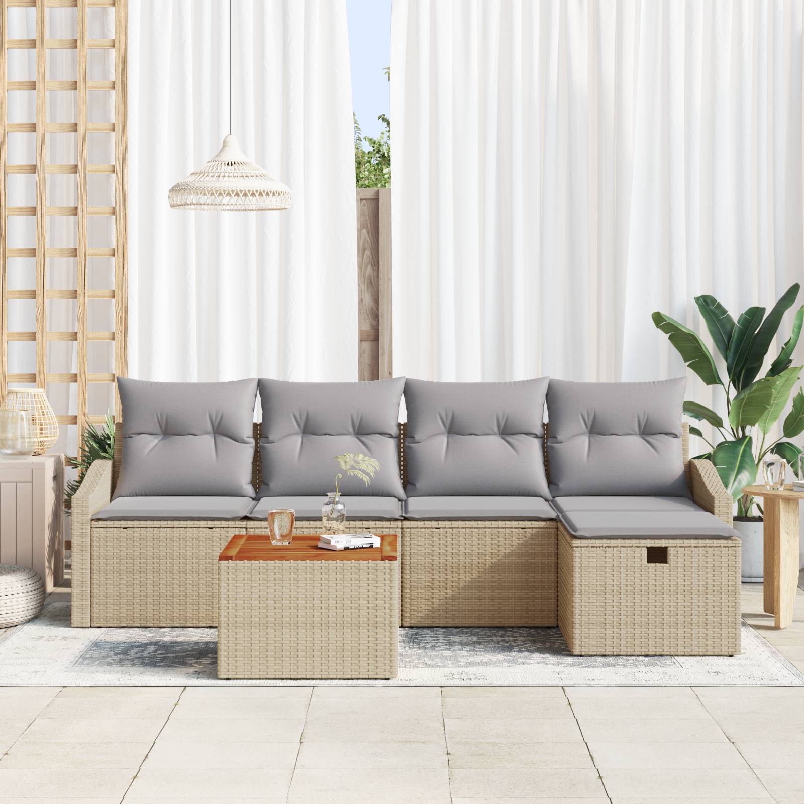 vidaXL 6-tlg. Garten-Sofagarnitur mit Kissen Beige Poly Rattan