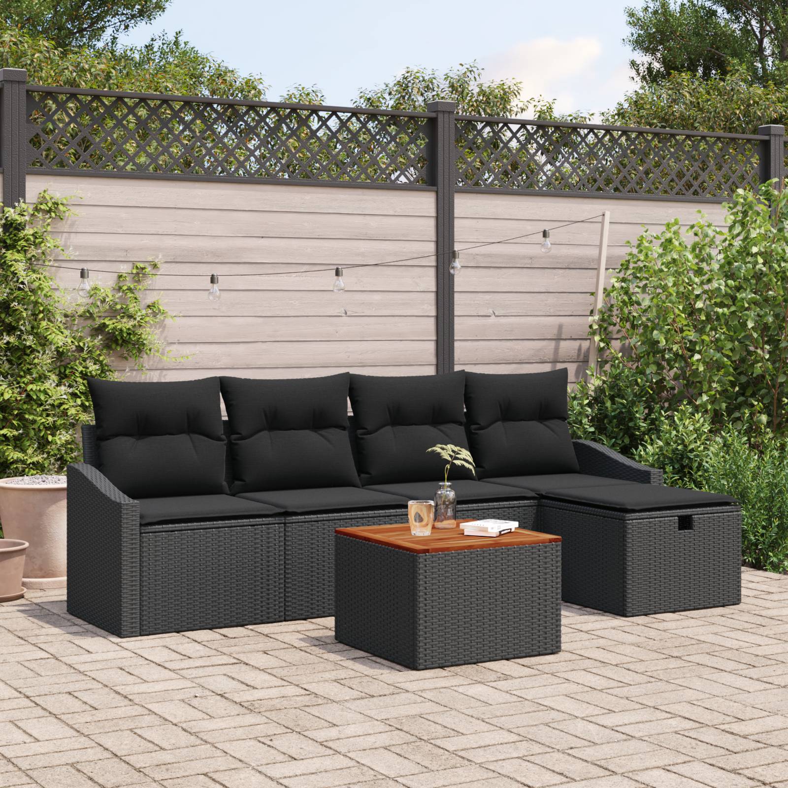 vidaXL 6-tlg. Garten-Sofagarnitur mit Kissen Schwarz Poly Rattan