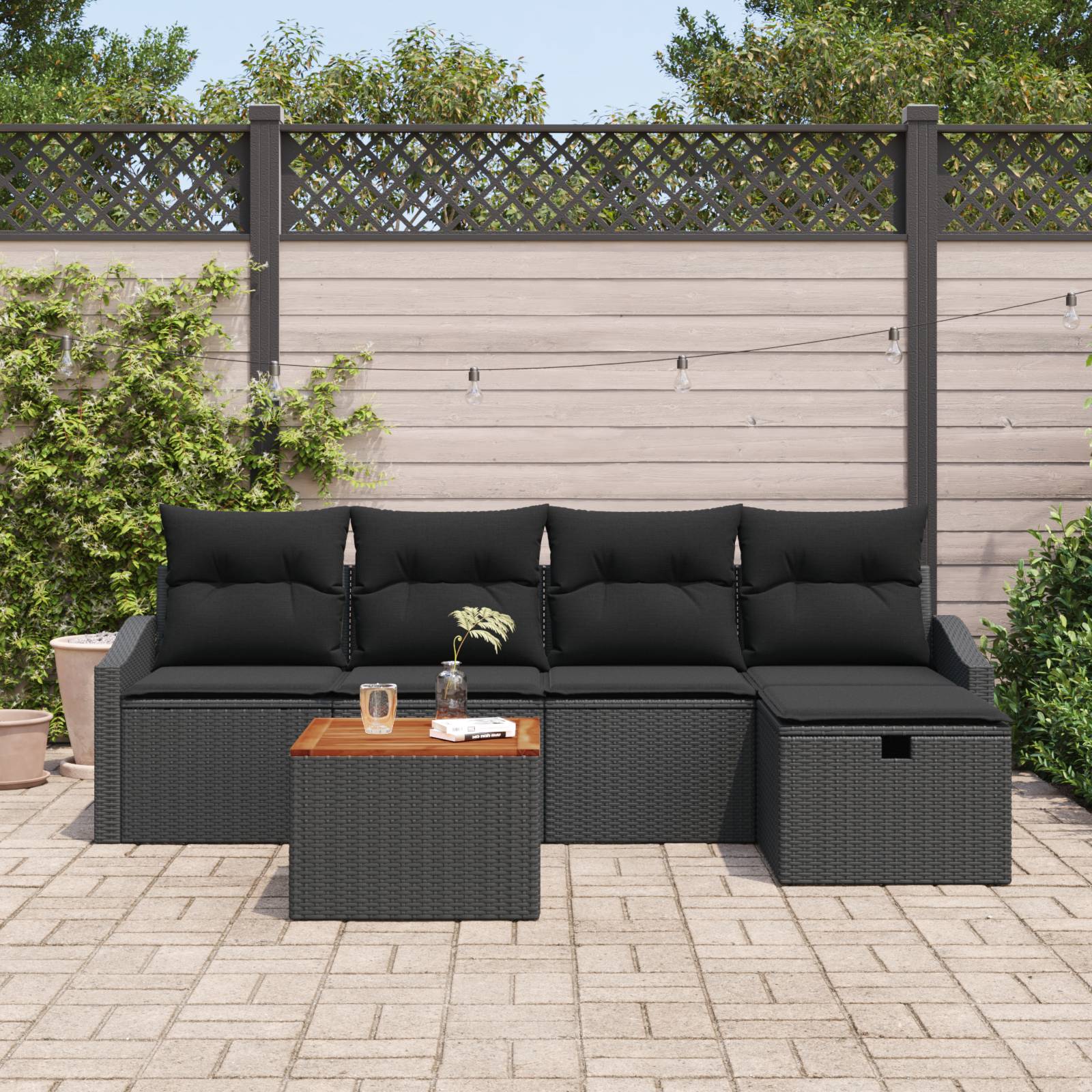 vidaXL 6-tlg. Garten-Sofagarnitur mit Kissen Schwarz Poly Rattan