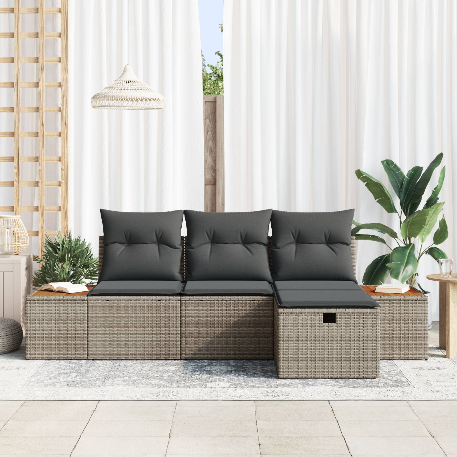vidaXL 4-teiliges Garten Sofa Set mit Kissen Grau Poly Rattan