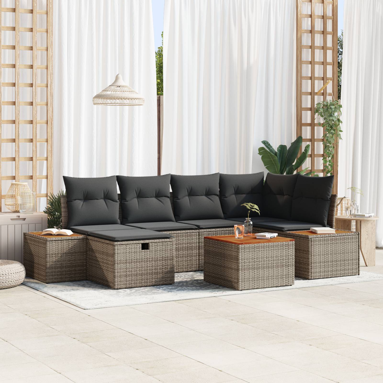 vidaXL 7-tlg. Garten-Sofagarnitur mit Kissen Grau Poly Rattan