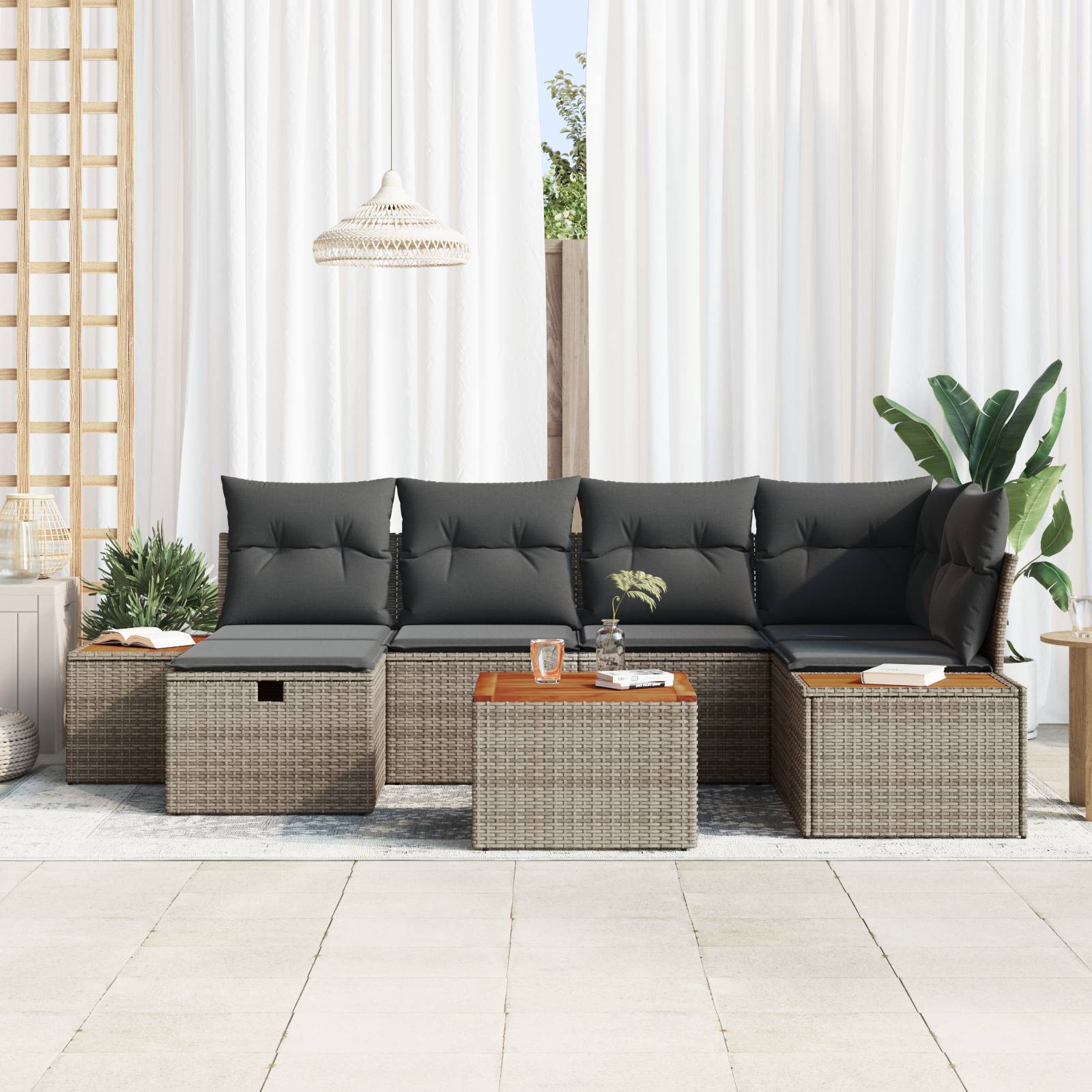 vidaXL 7-tlg. Garten-Sofagarnitur mit Kissen Grau Poly Rattan