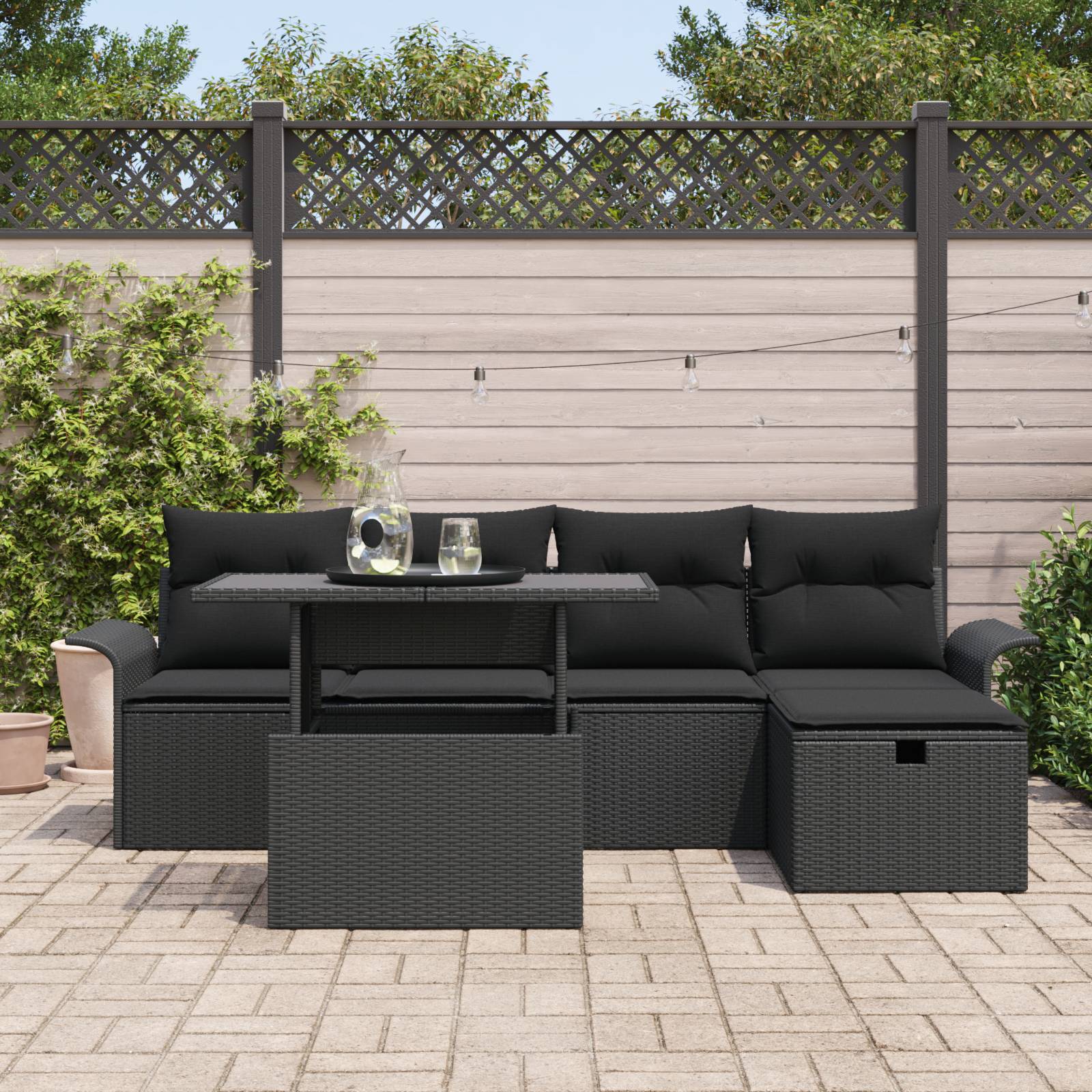 vidaXL 6-teiliges Garten-Sofa-Set mit Kissen Schwarz Poly Rattan