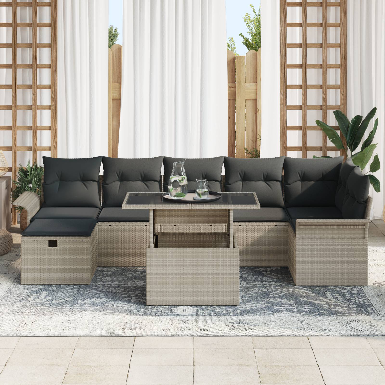 vidaXL 8-teiliges Garten-Sofa-Set mit Kissen, Hellgrau, Poly Rattan