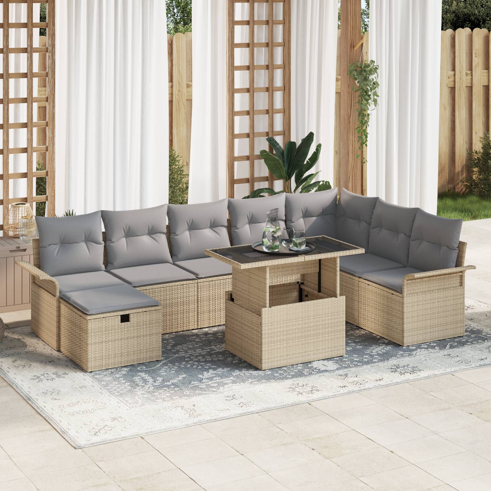 vidaXL 9-tlg. Garten-Sofagarnitur mit Kissen Beige Poly Rattan