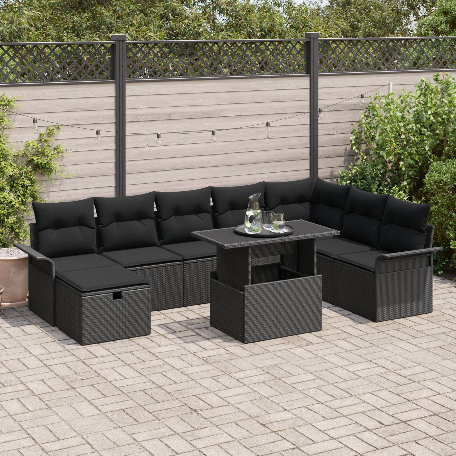 vidaXL 9-teiliges Garten-Sofa-Set mit Kissen Schwarz Poly Rattan